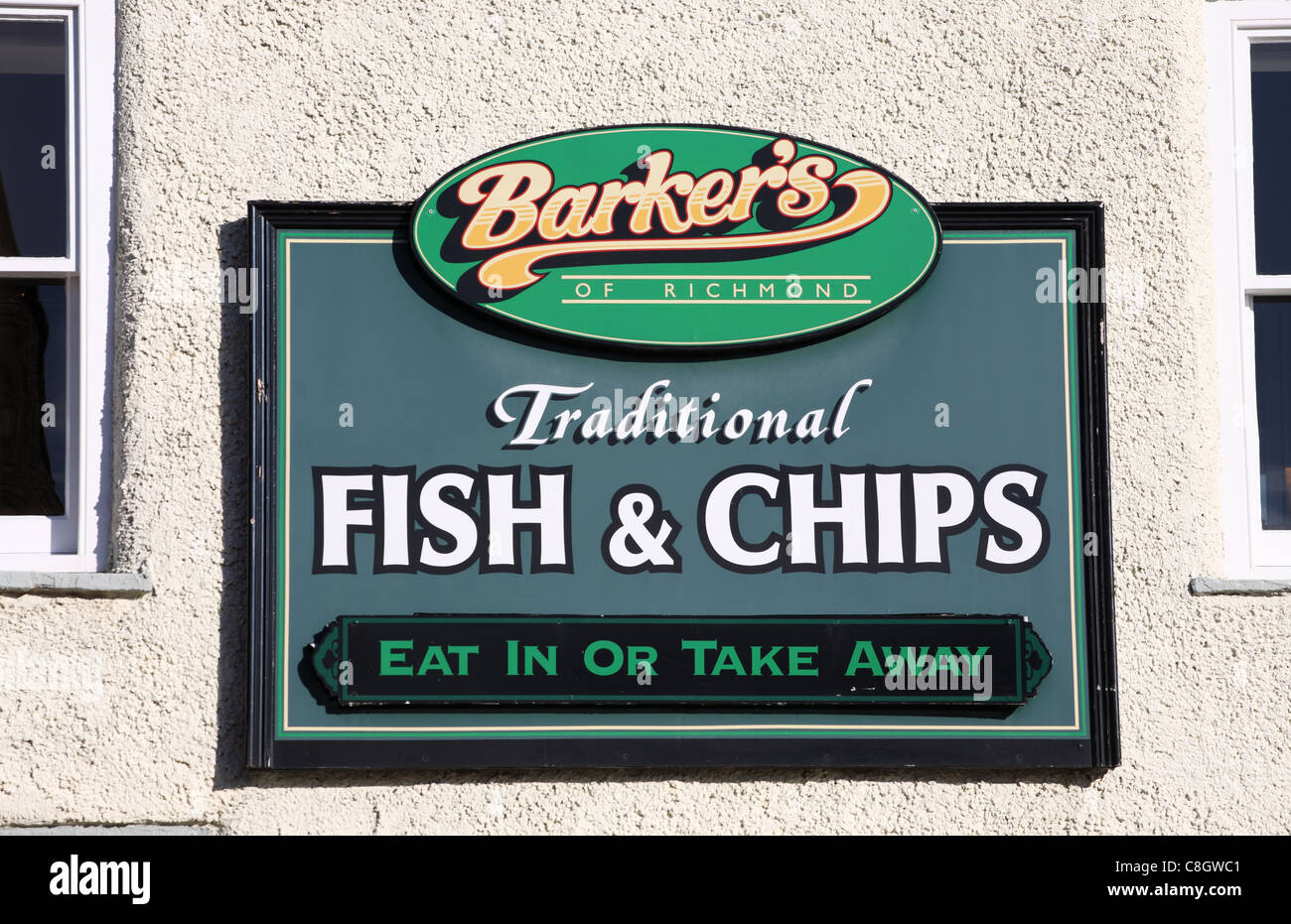 Sign above Barker's fish and chip shop Richmond, North Yorkshire, England Stock Photo