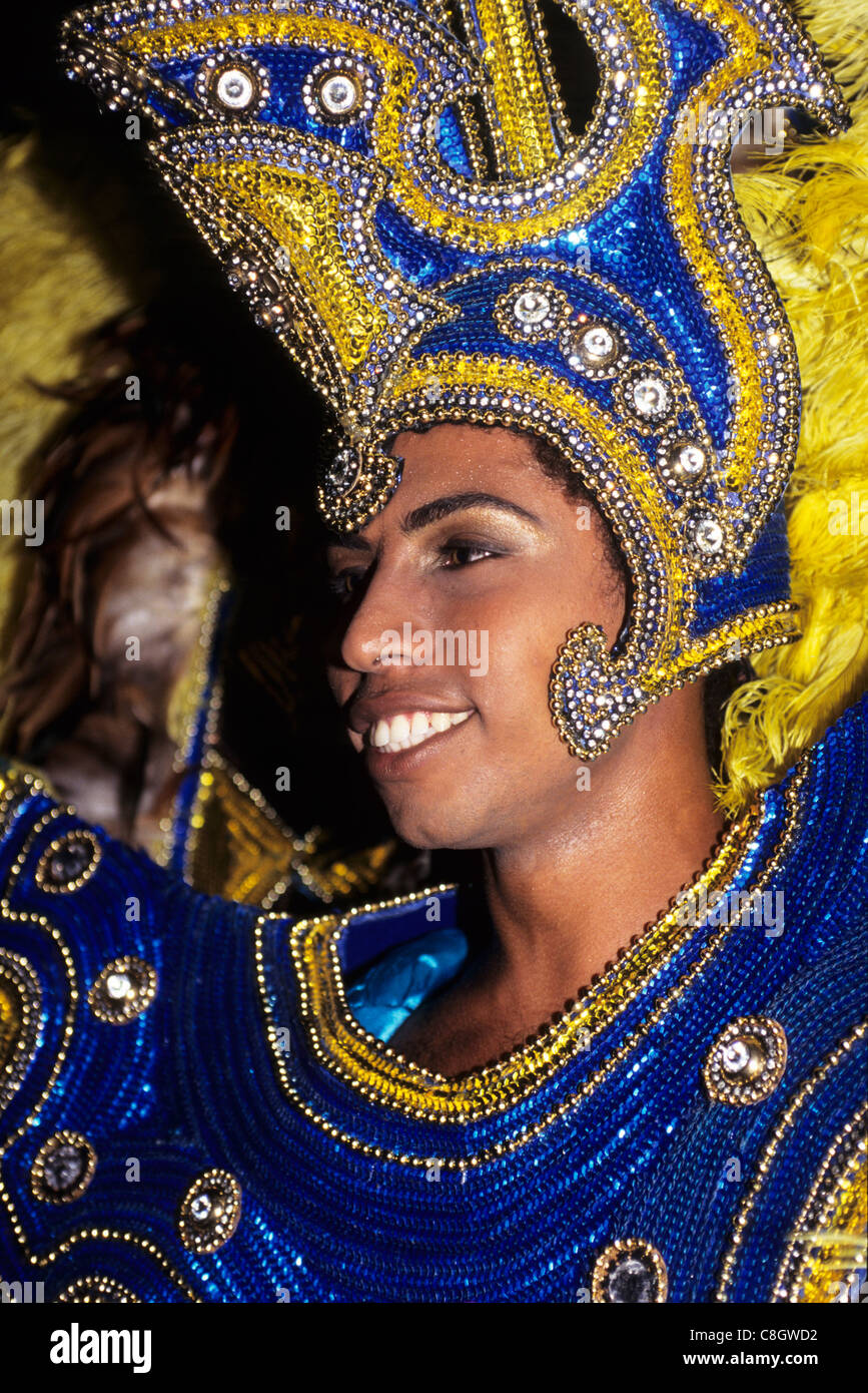 Rio de Janeiro, Brazil. Carnival; a woman in a very ornate headdress on a float in the parade. Stock Photo