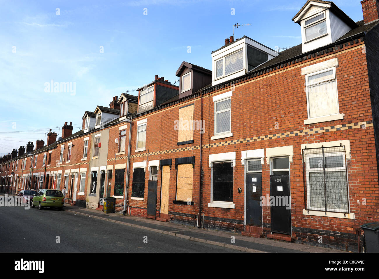 Terraced houses boarded up in Port Street Burslem Stoke on Trent