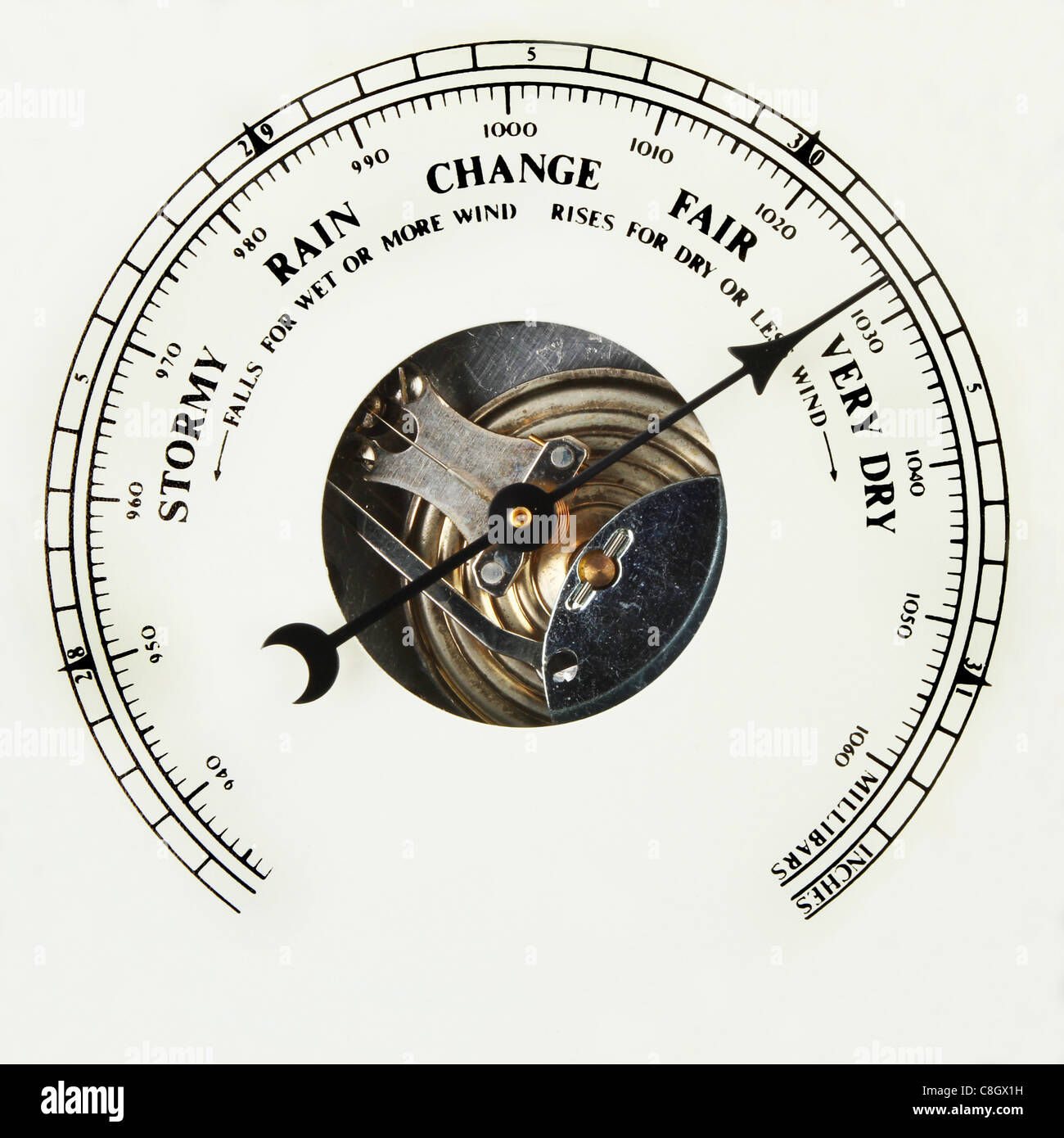 Closeup of the dial of an aneroid barometer set to very dry Stock Photo