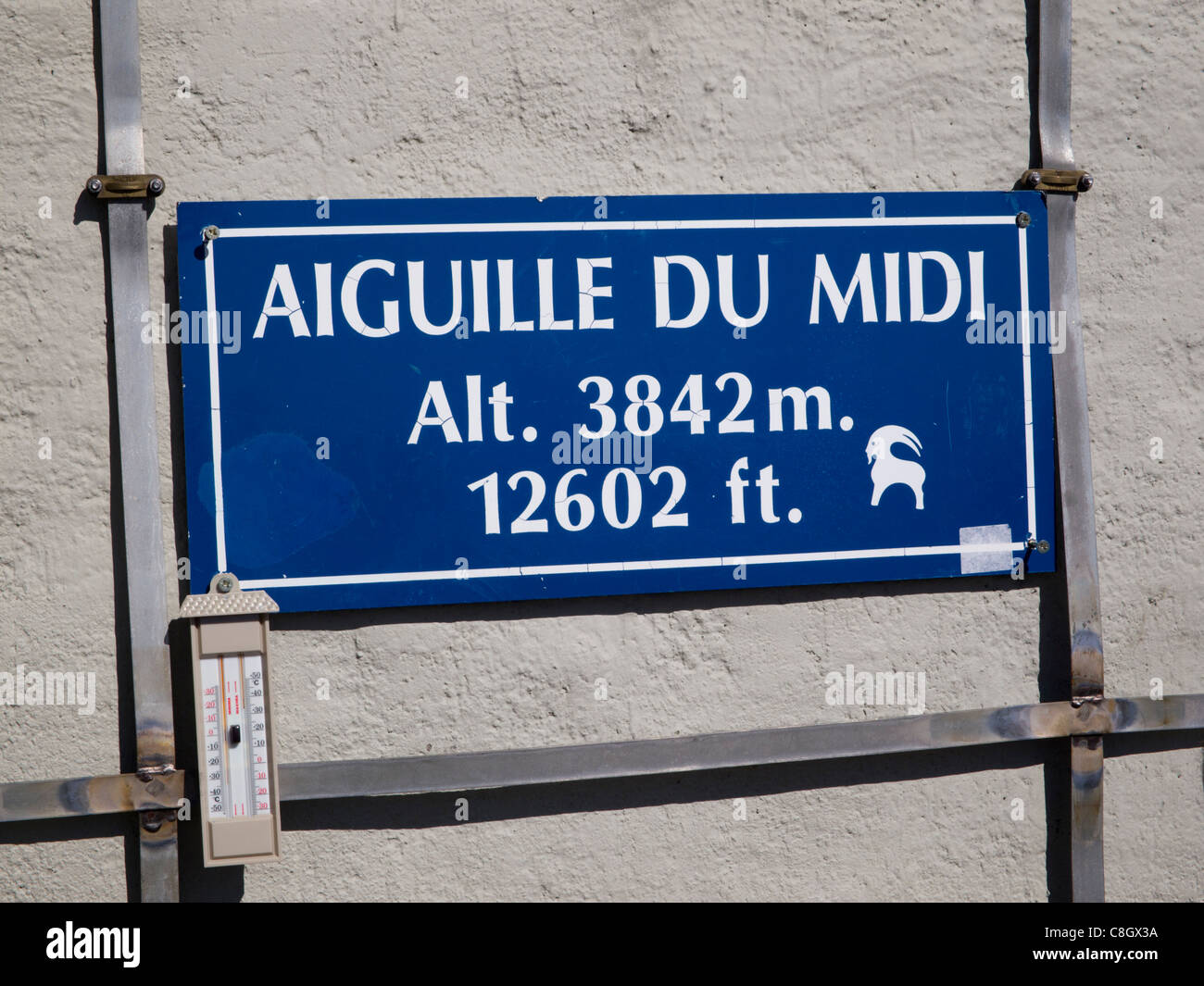 Sign at the Aiguille du Midi, Chamonix, France Stock Photo