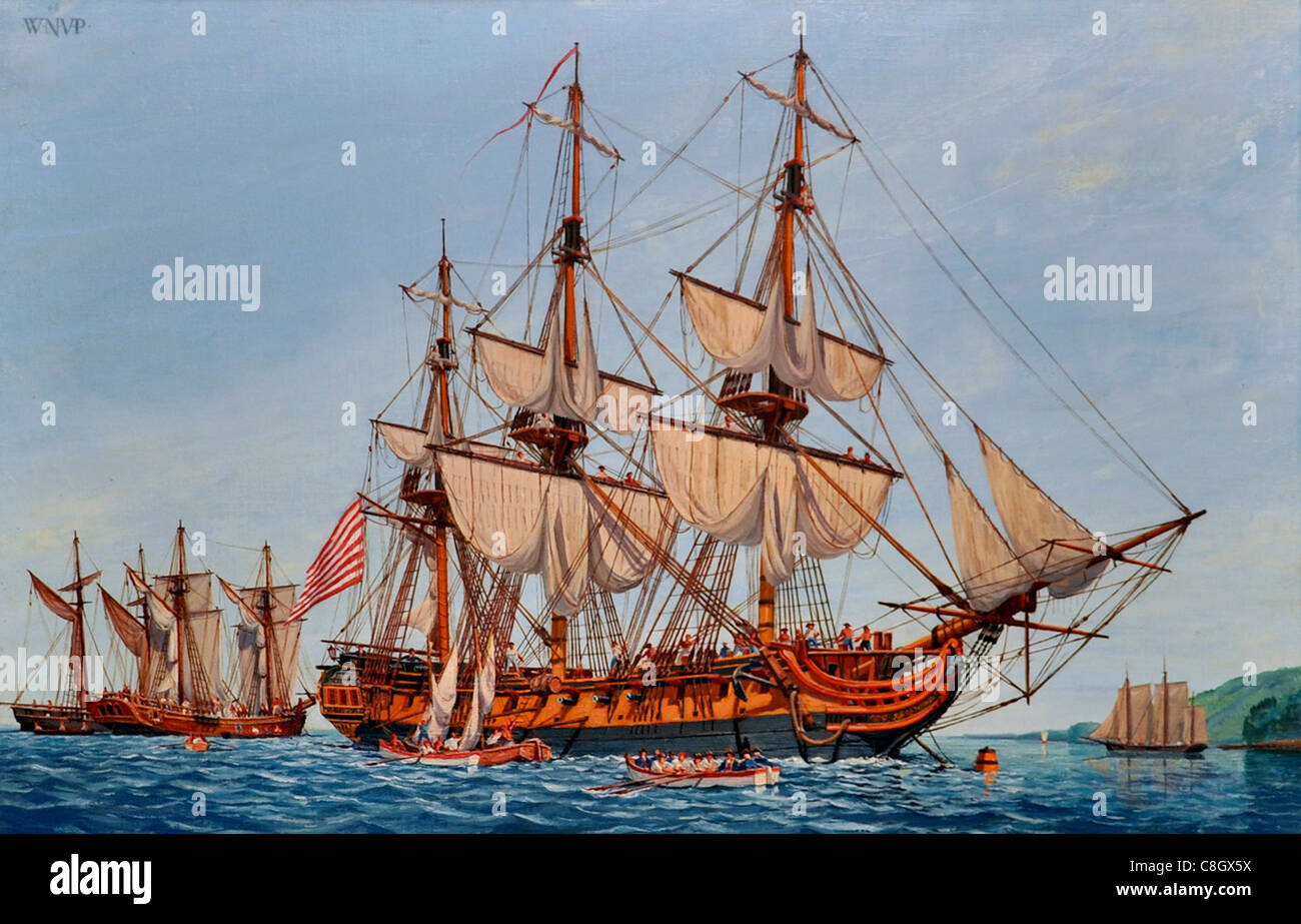 A Revolutionary War painting depicting the Continental Navy frigate Confederacy is displayed at the Navy Art Gallery Stock Photo