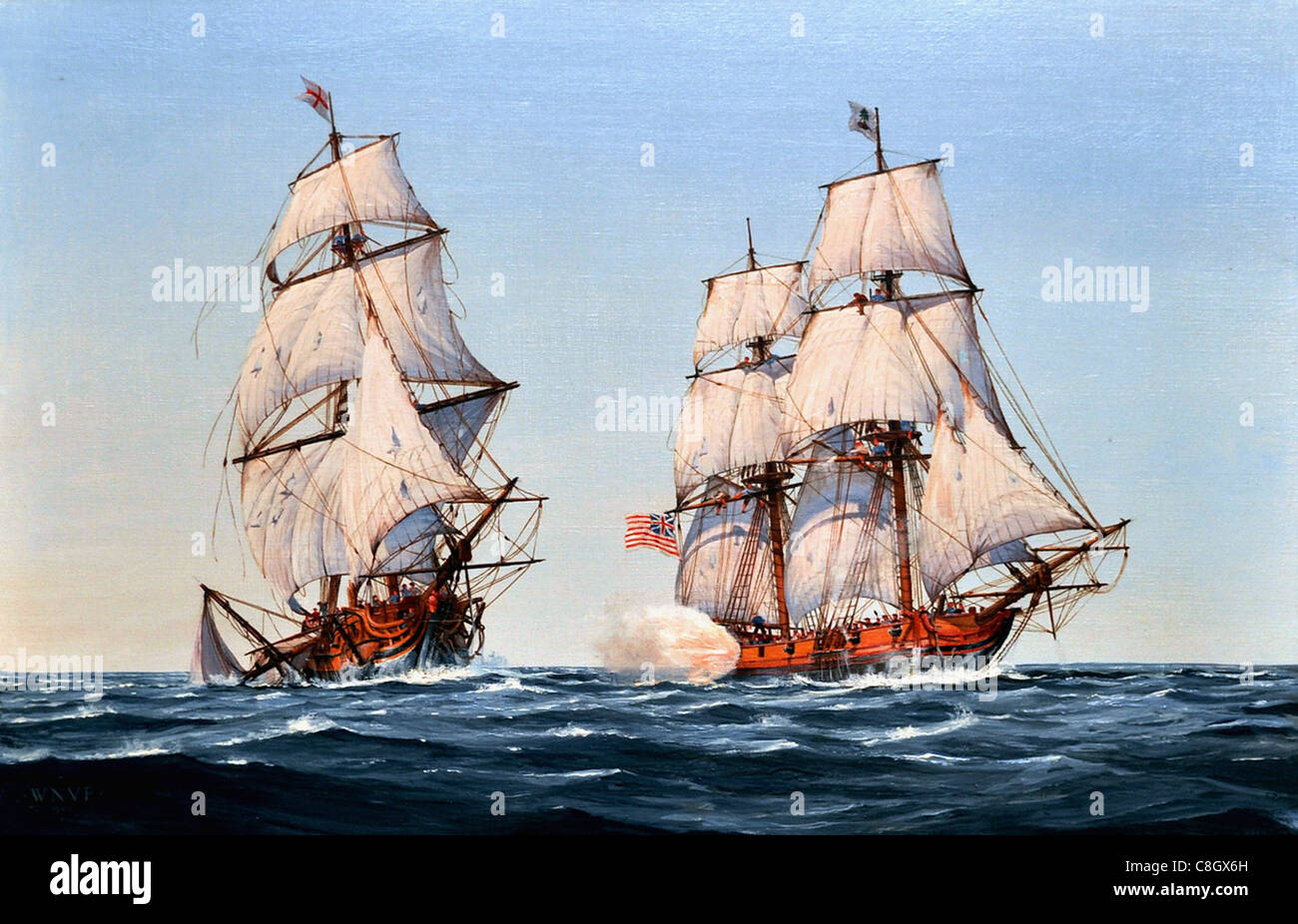 A Revolutionary War painting depicting the Virginia Navy cruiser Capt. Barron taking the British navy brig HMS Oxford Stock Photo