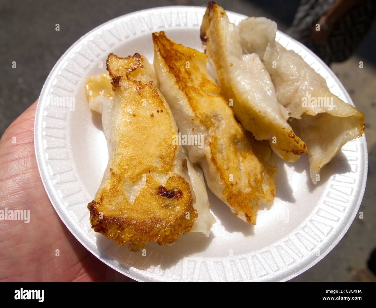 Fried Chinese dumplings, Chinatown, NYC, USA Stock Photo Alamy