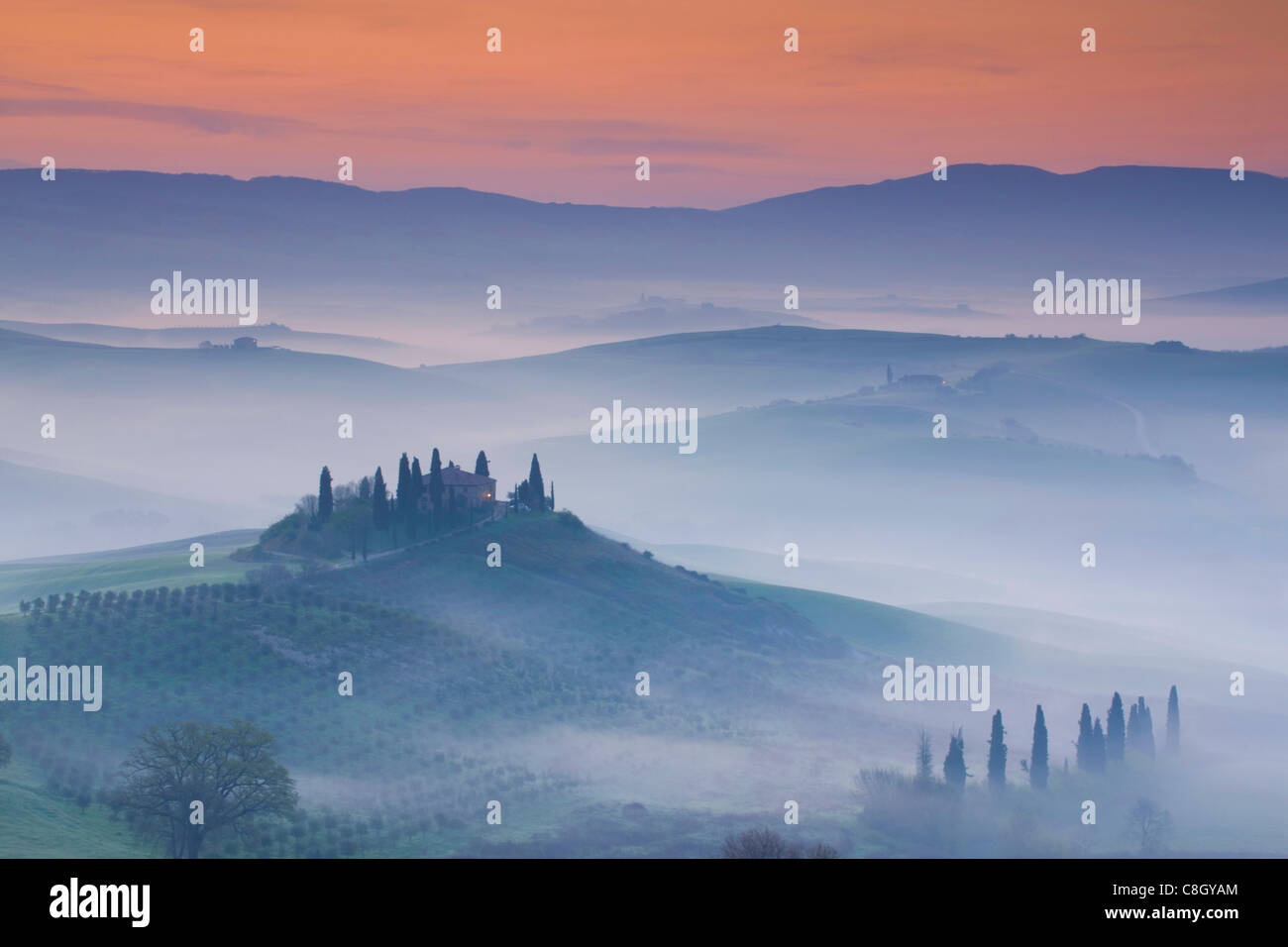 San Quirico d'Orcia, Italy, Europe, Tuscany, crest, ridge, horizon, skyline, hill scenery, manor, trees, cypresses, morning fogs Stock Photo