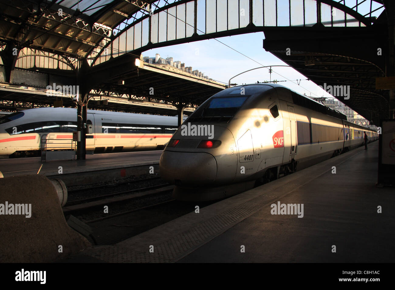 Paris, Gare de l'Est, railway station, train, railroad, transport, TGV, express, locomotive, engine Stock Photo