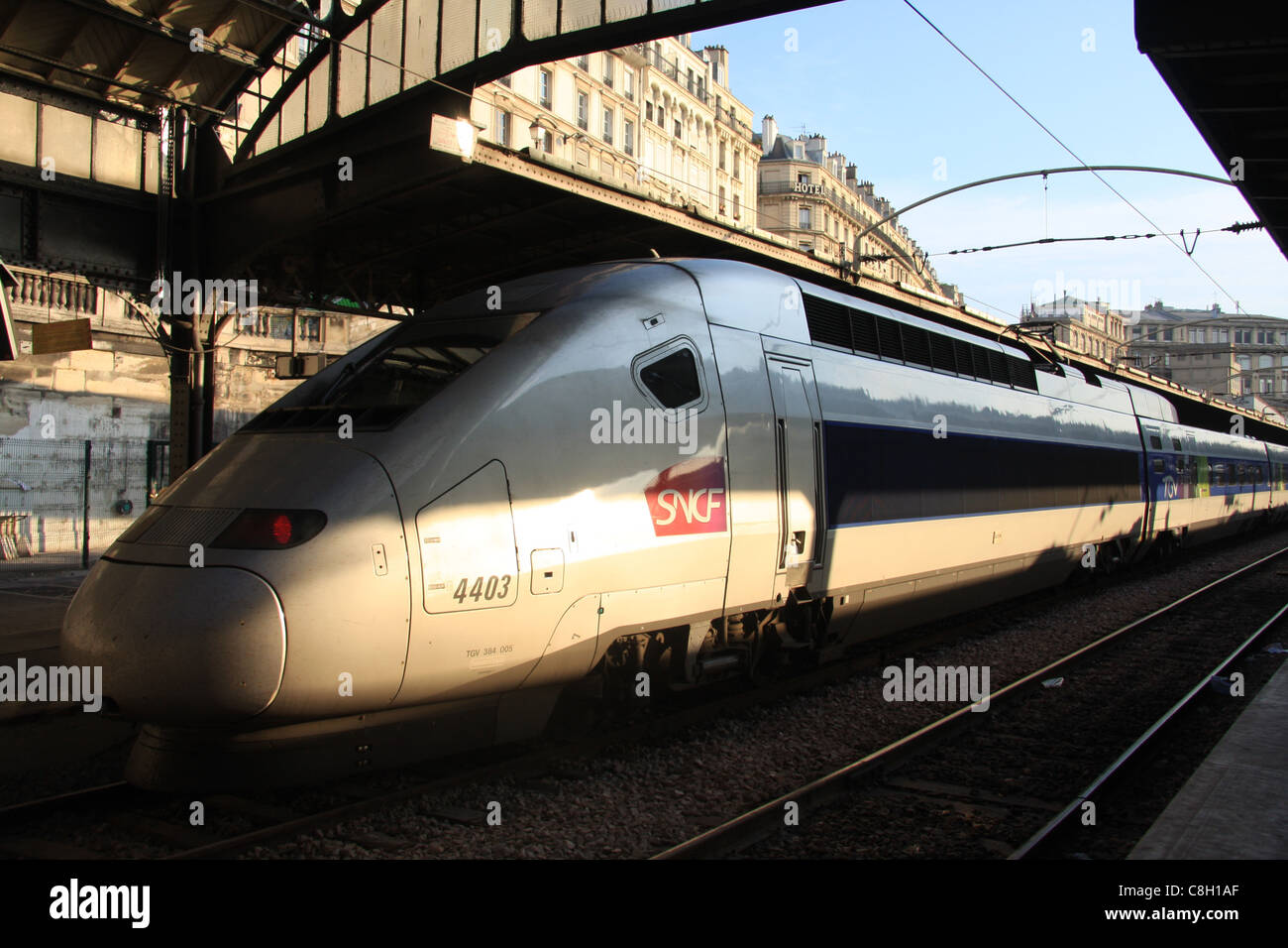 Paris, Gare de l'Est, railway station, train, railroad, transport, TGV, express, locomotive, engine Stock Photo