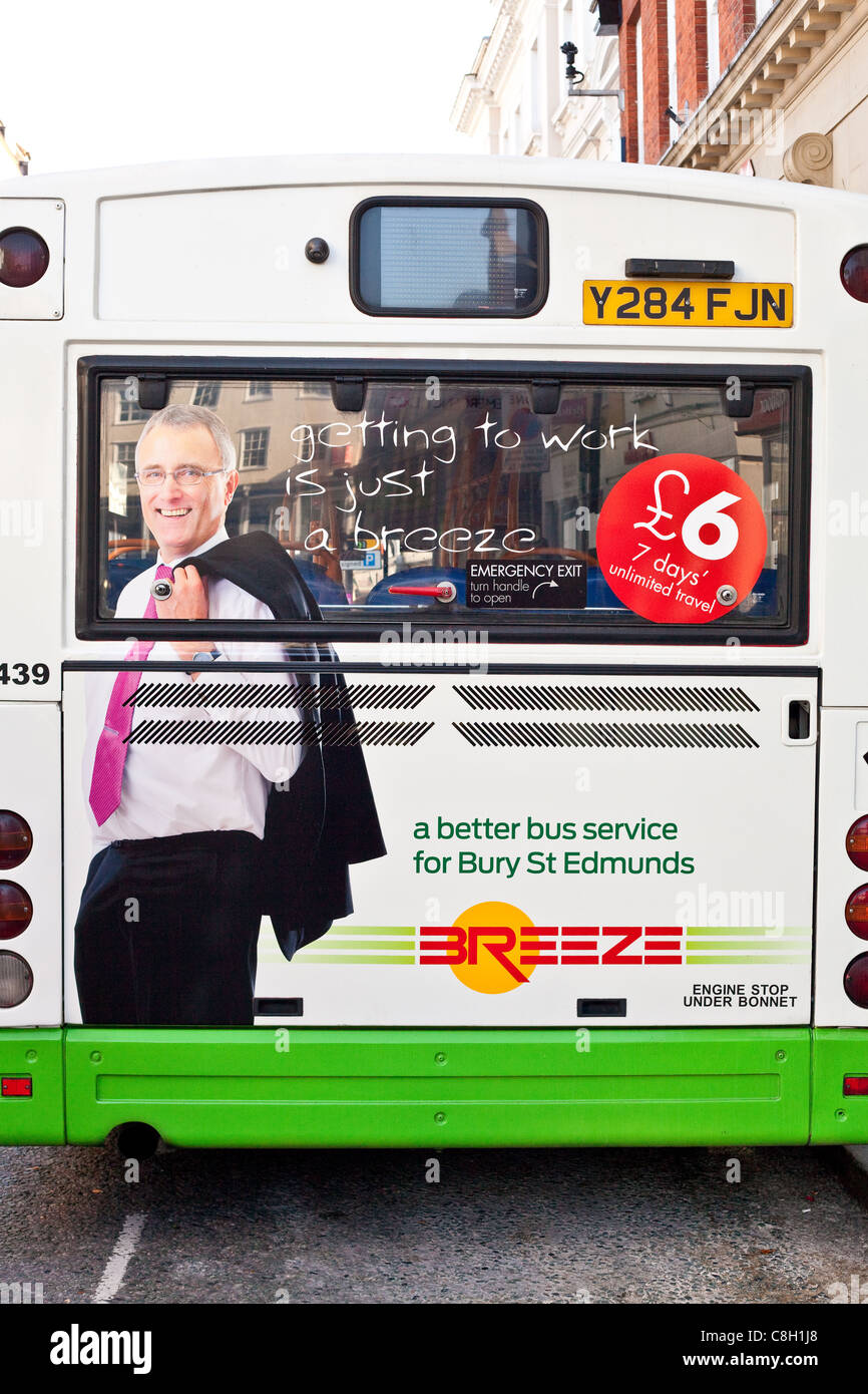 New bus service in Bury St Edmunds, advertised on back of bus Stock Photo
