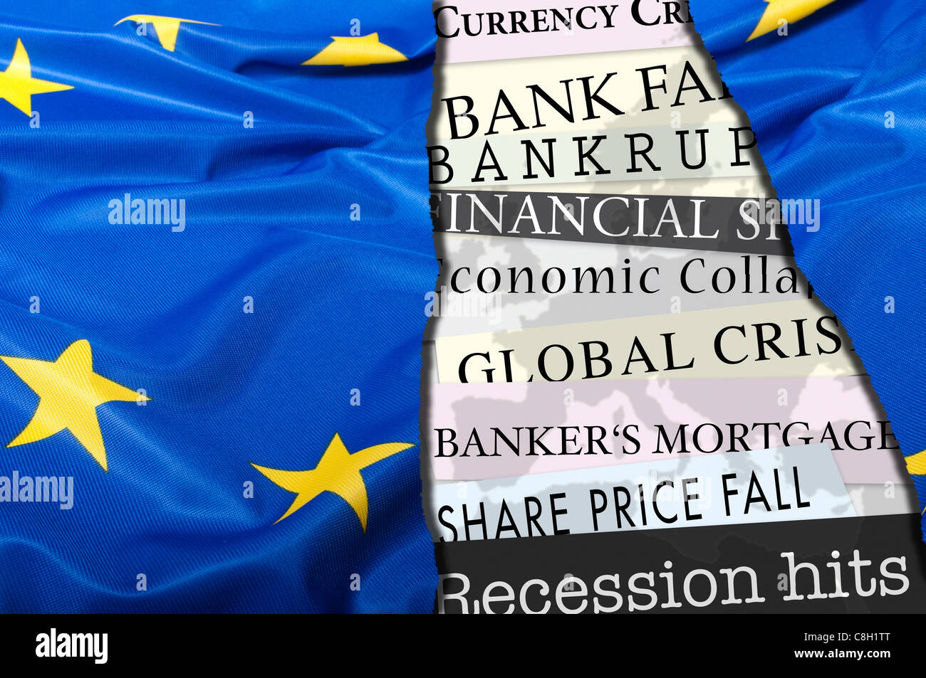 Financial Crisis in Europe - Newsletters Headlines about Financial Crisis With Flag of European Union Stock Photo
