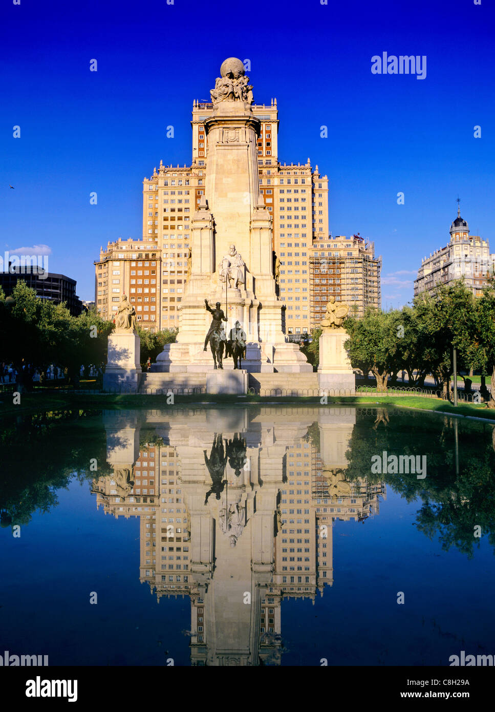 Spain, Europe, Madrid, Cervantes, Don Quijote, sculpture, building Stock Photo