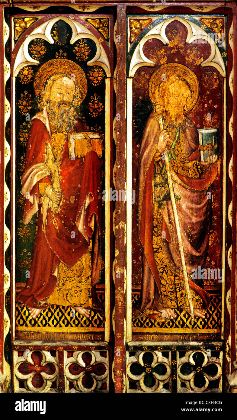 Ranworth, Norfolk, rood screen, St. Bartholomew with flaying knife, St. James the Greater with Pilgrim's Staff male saint saints Stock Photo