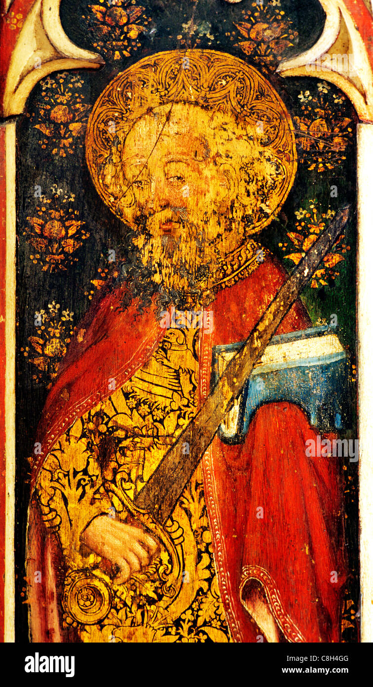 Ranworth, Norfolk, rood screen, St. Paul, holding a Sword, detail male saint saints English medieval screens painting paintings Stock Photo