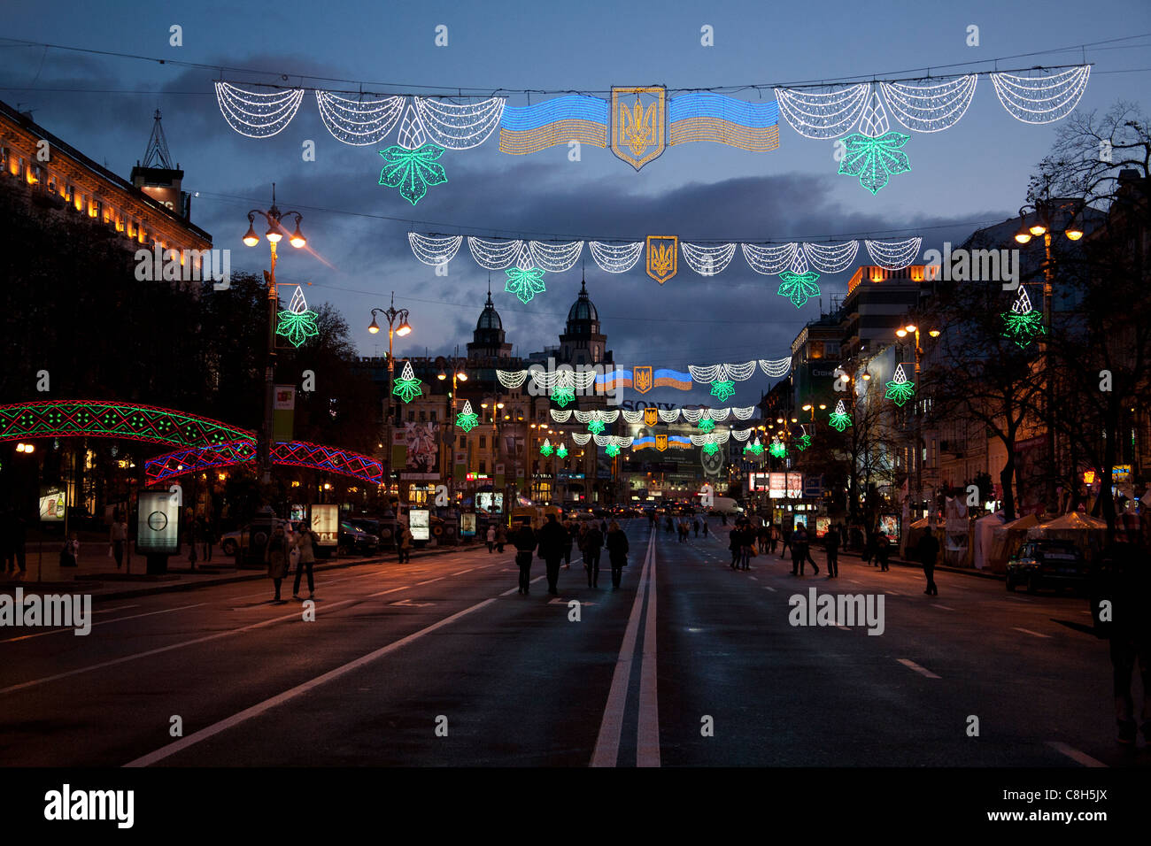 The neon lights at night of Kreschatik Street Kiev Ukraine Stock Photo