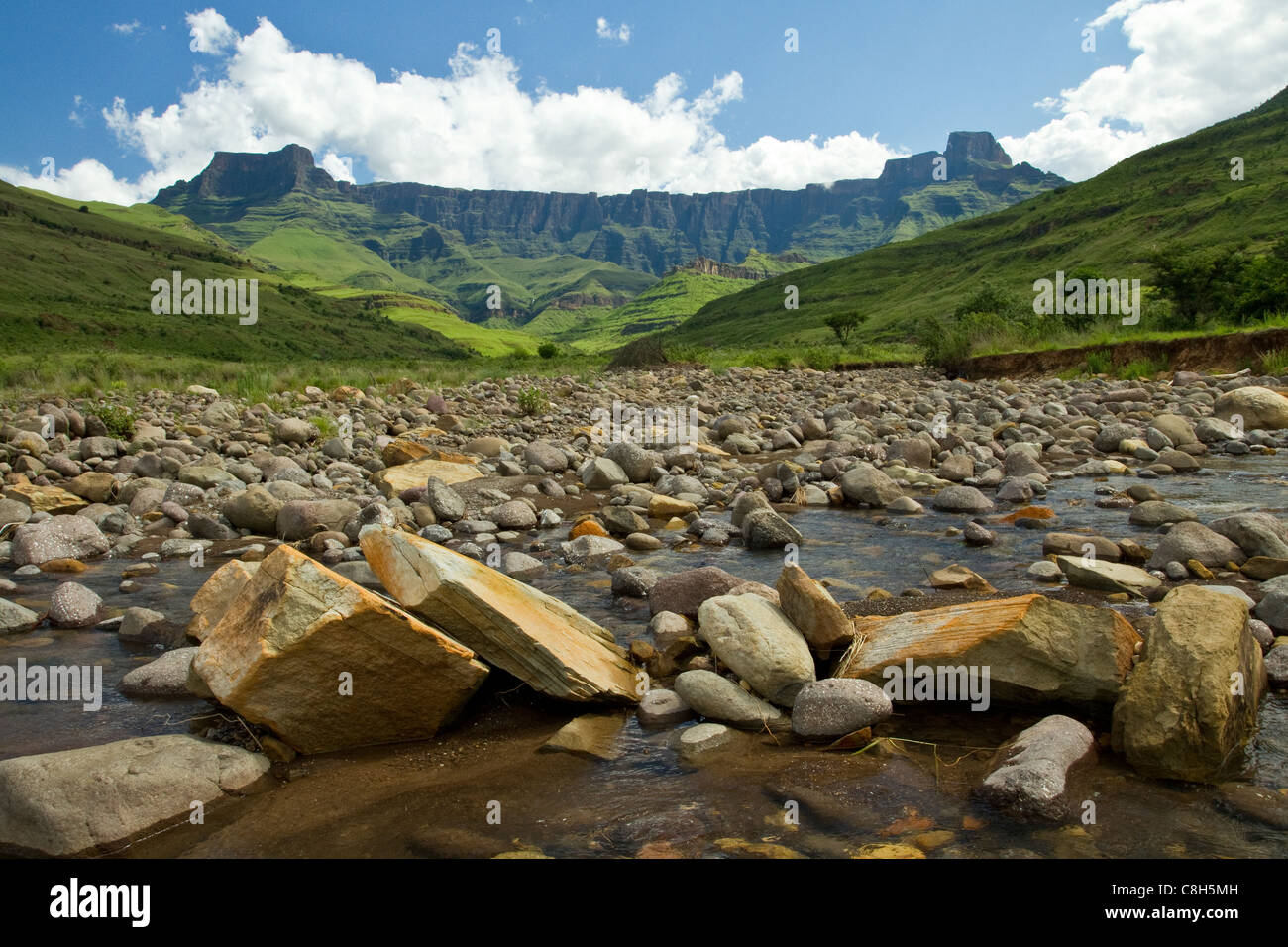 View of Ampitheatre Drakensberg Mountains from Tugela River below, South Africa Stock Photo