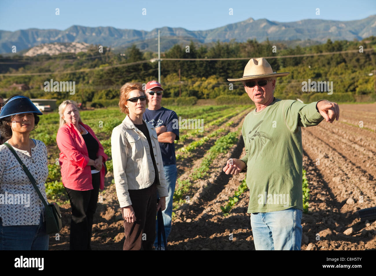 Tom Shephard discusses organic farming with a culinary class, Shephard Farm, Carpinteria, California, United States of America Stock Photo