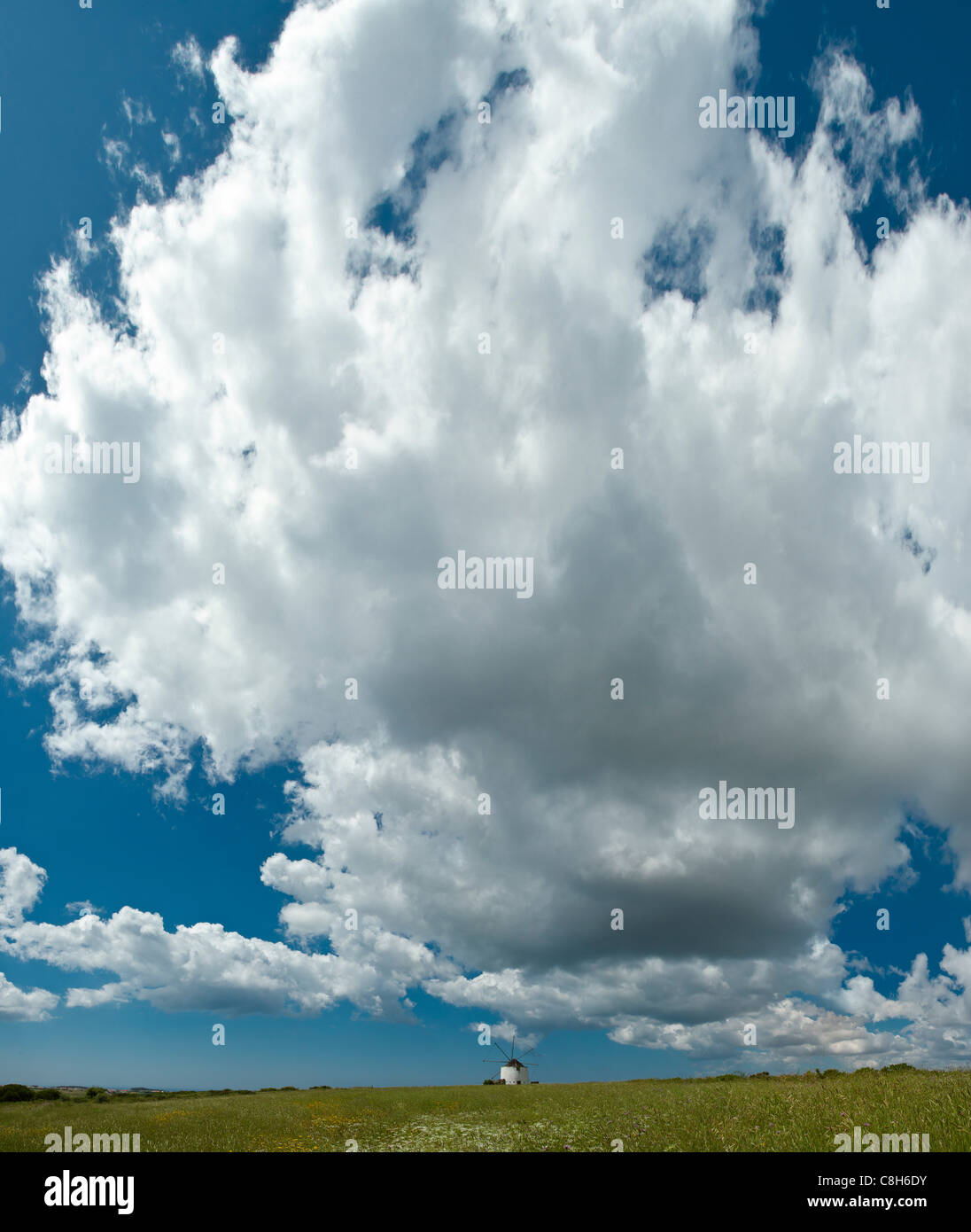 Portugal, Europe, Estremadura, spring, Windmills, Sao Jao das Lampas, clouds Stock Photo