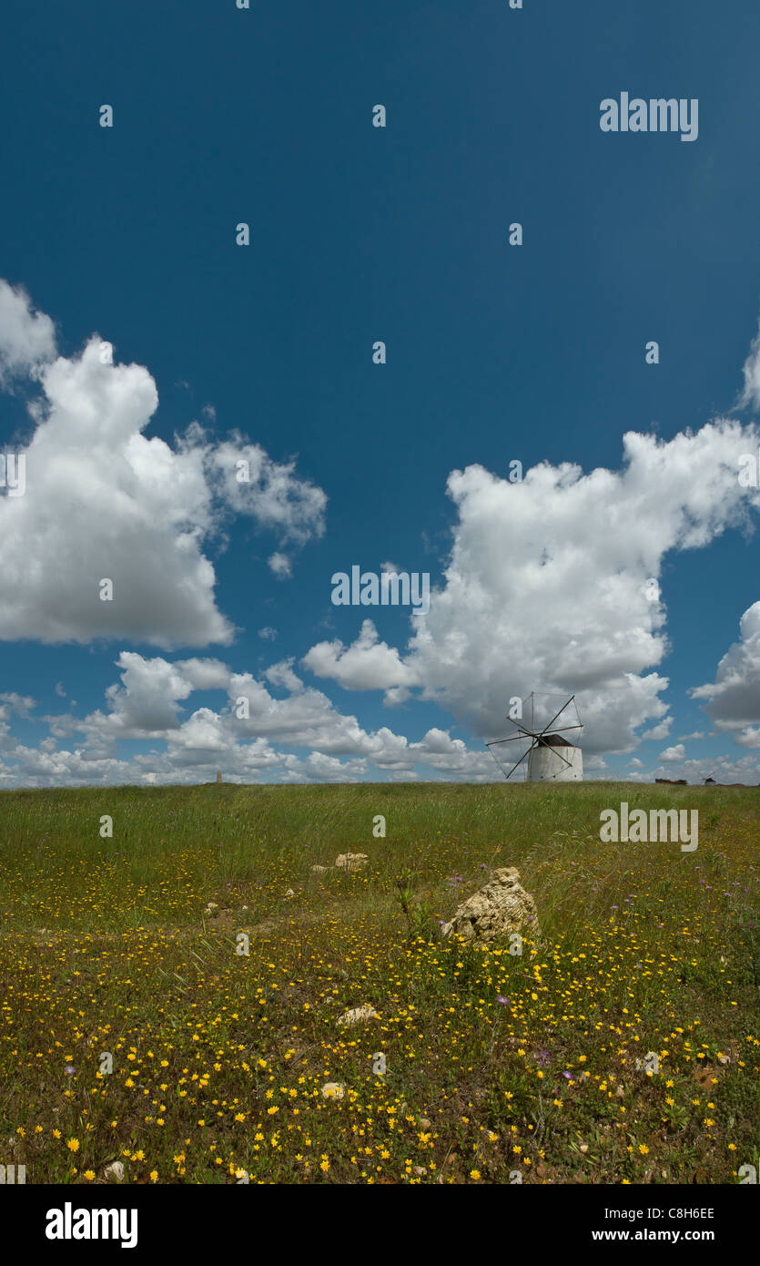 Portugal, Europe, Estremadura, spring, Windmills, Sao Jao das Lampas, clouds Stock Photo