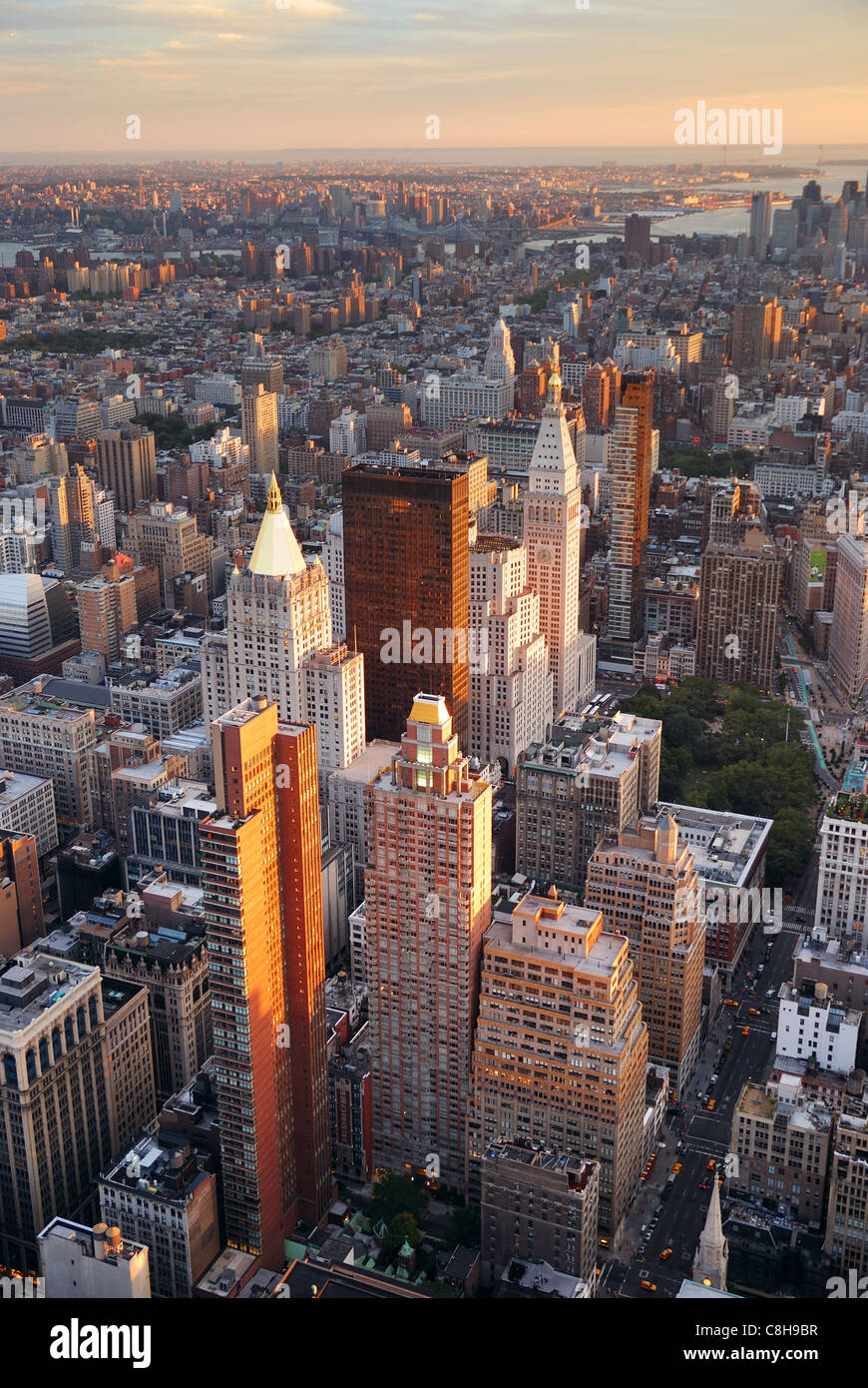 New York City Manhattan sunset skyline aerial view with office building ...
