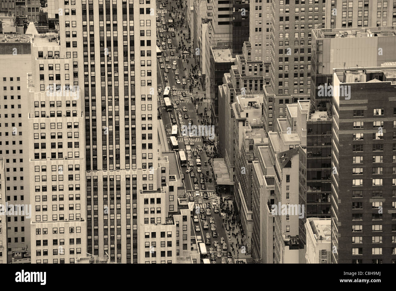 New York City Manhattan street aerial view black and white with ...
