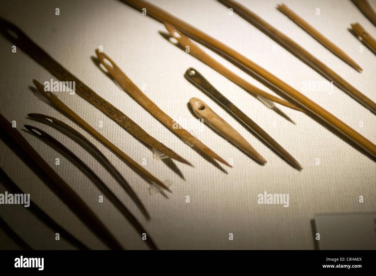 Photo shows examples of Jomon era bone needles inside the Sanmaru