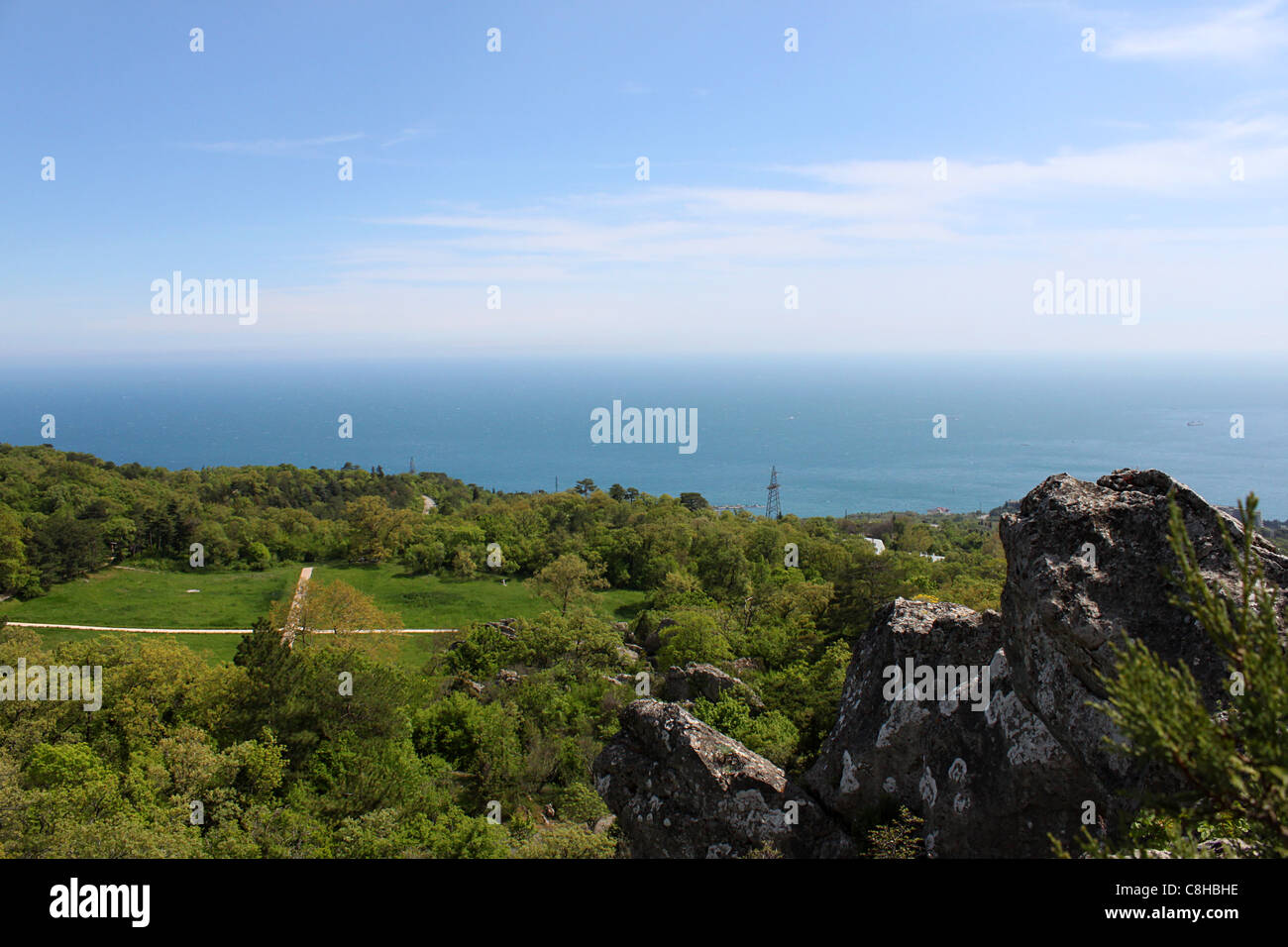 view from mountain on coast and sea Stock Photo