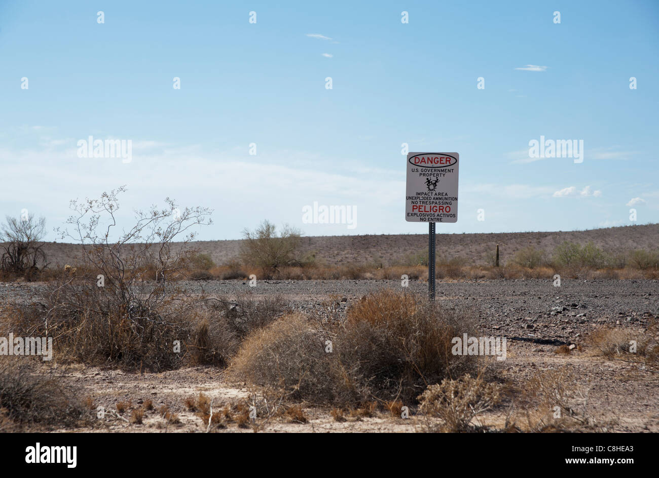 A warning sign along Route 95, near the Yuma Proving Grounds near Yuma
