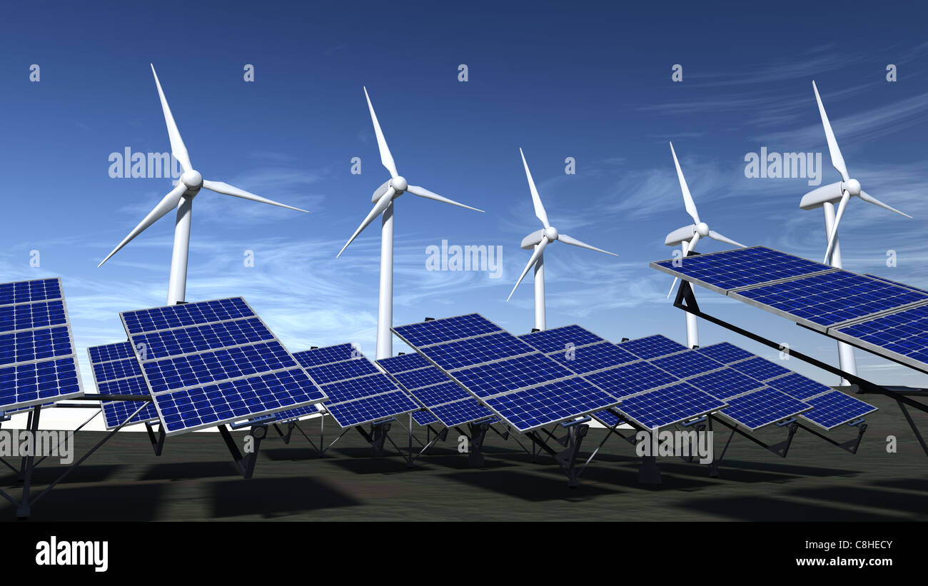 Wind turbines and articulated solar panels with a blue sky Stock Photo ...