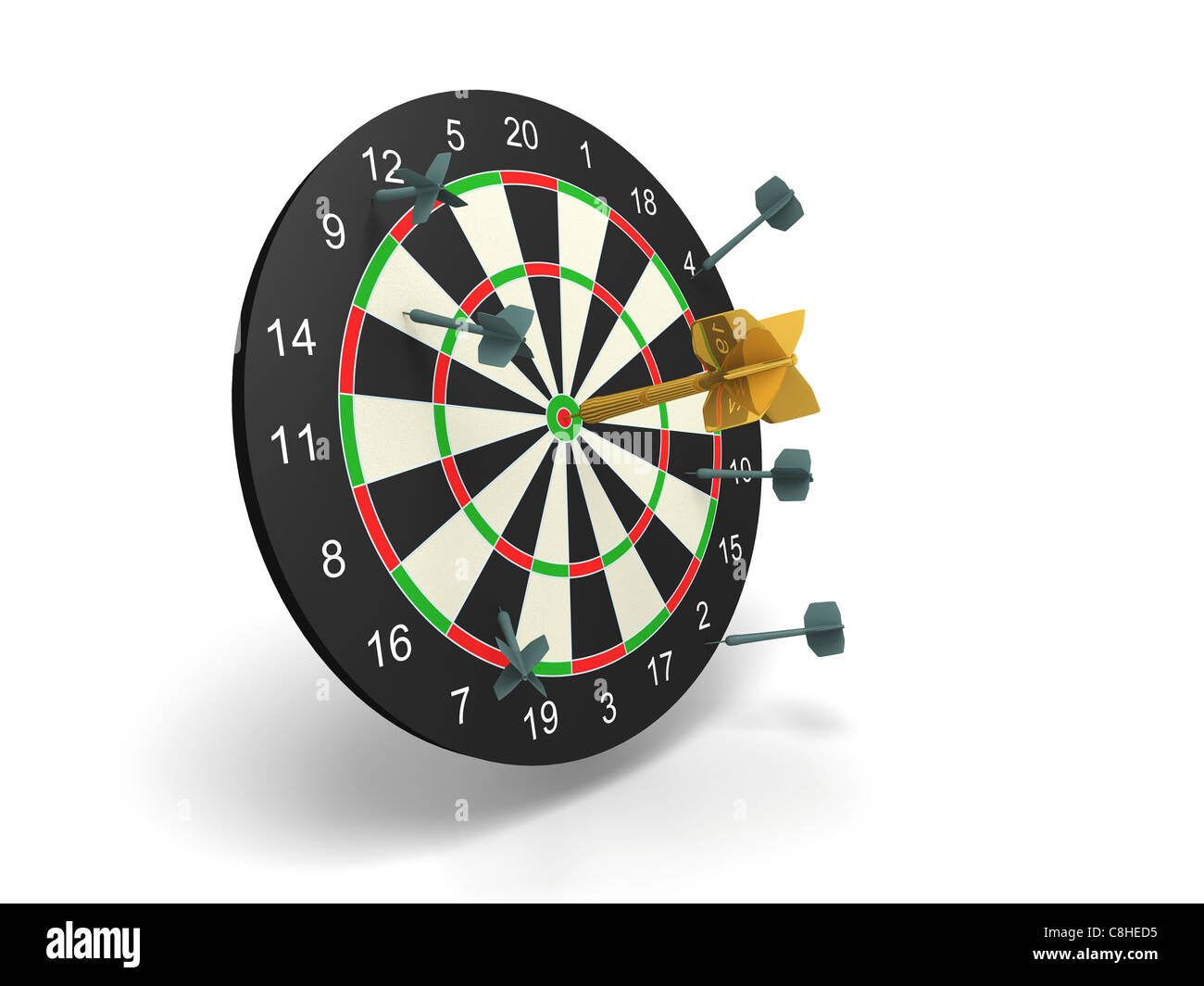 Winner Golden Dart In Center With Other Bad Grey Darts Stock Photo Alamy
