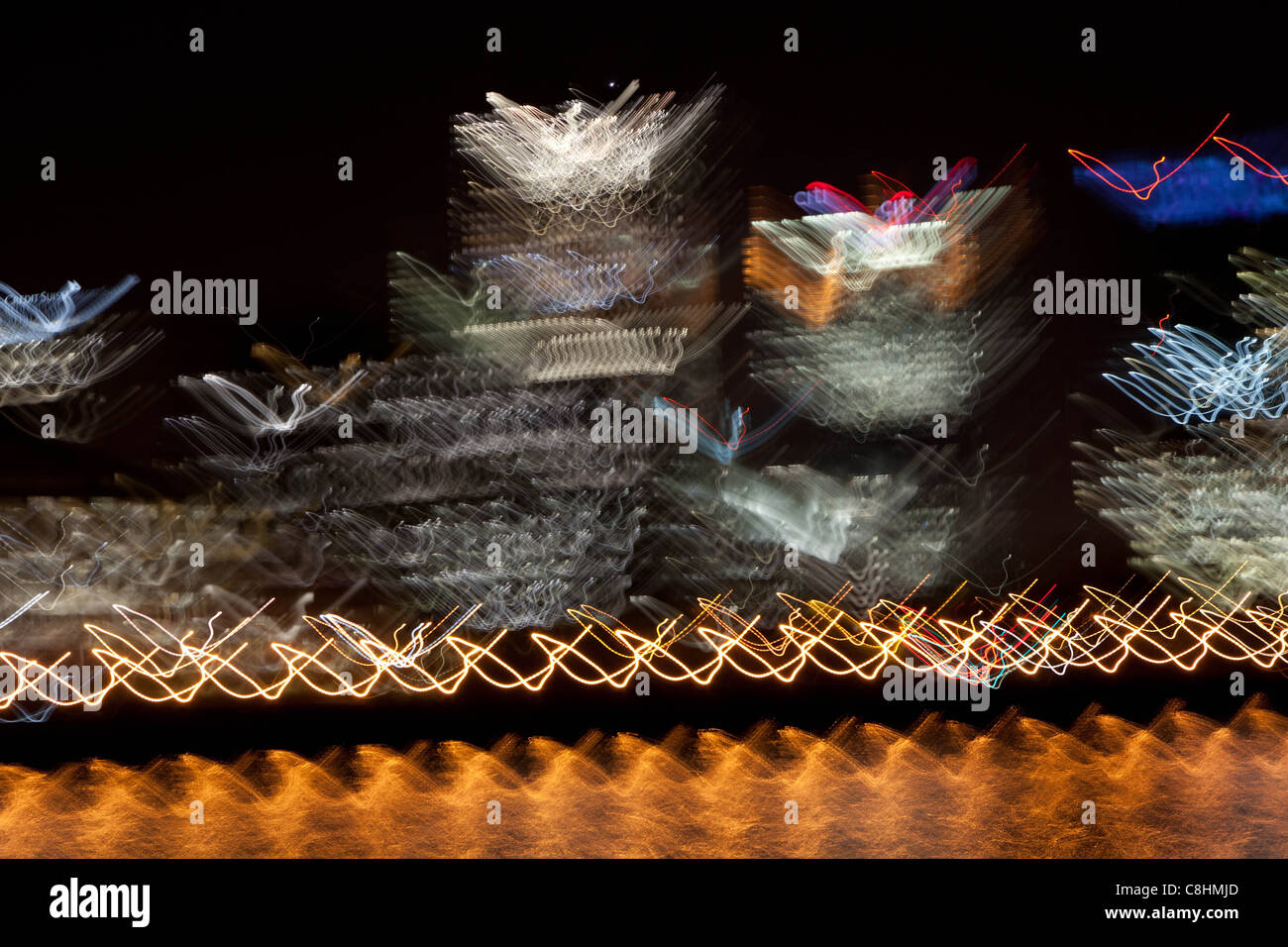 Office building. Banks. Wapping viewed from the River Thames. Night time. London. United Kingdom