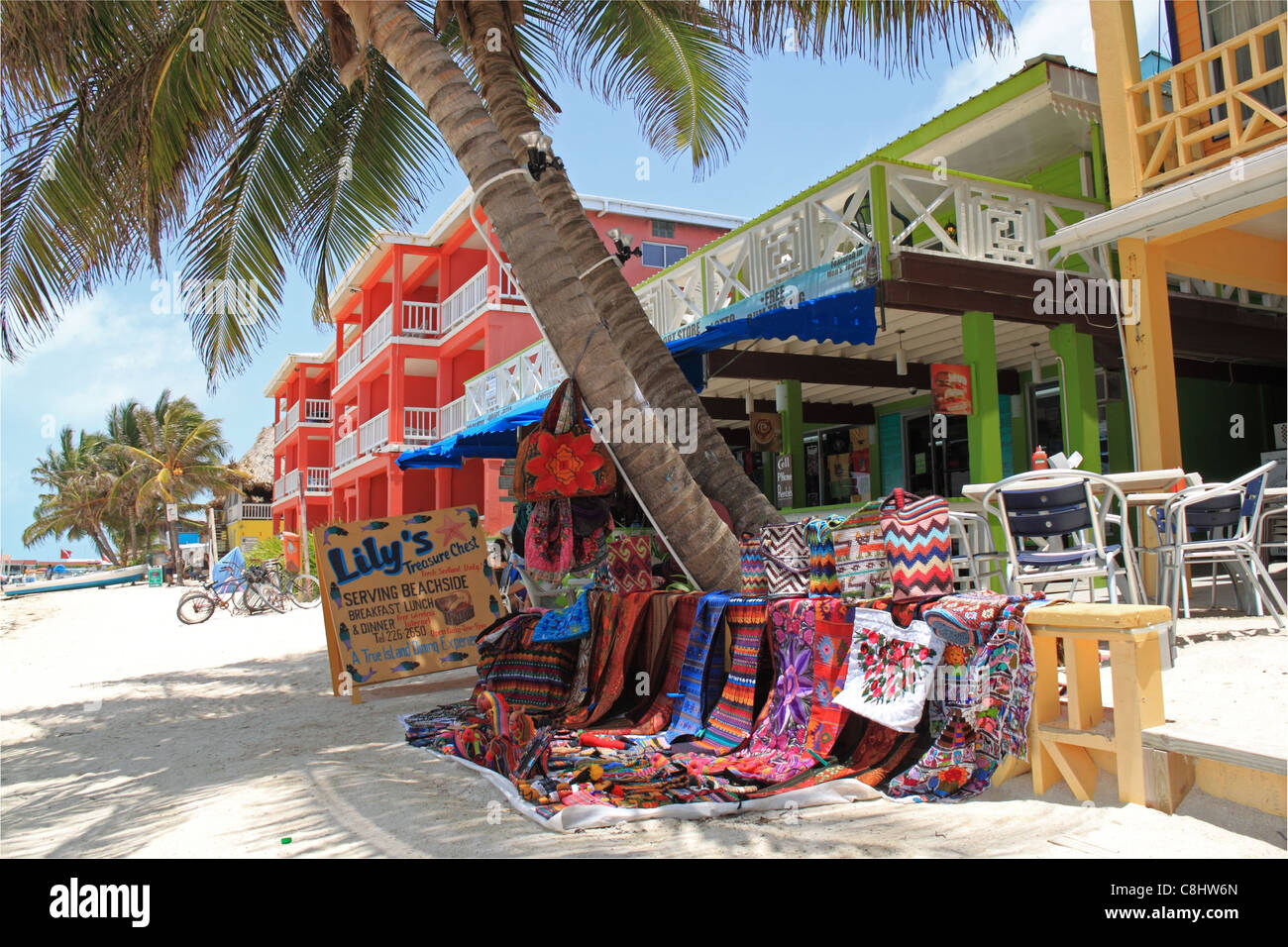 Beach front, San Pedro town centre, Ambergris Caye (aka La Isla Bonita), Barrier Reef, Belize, Caribbean, Central America Stock Photo