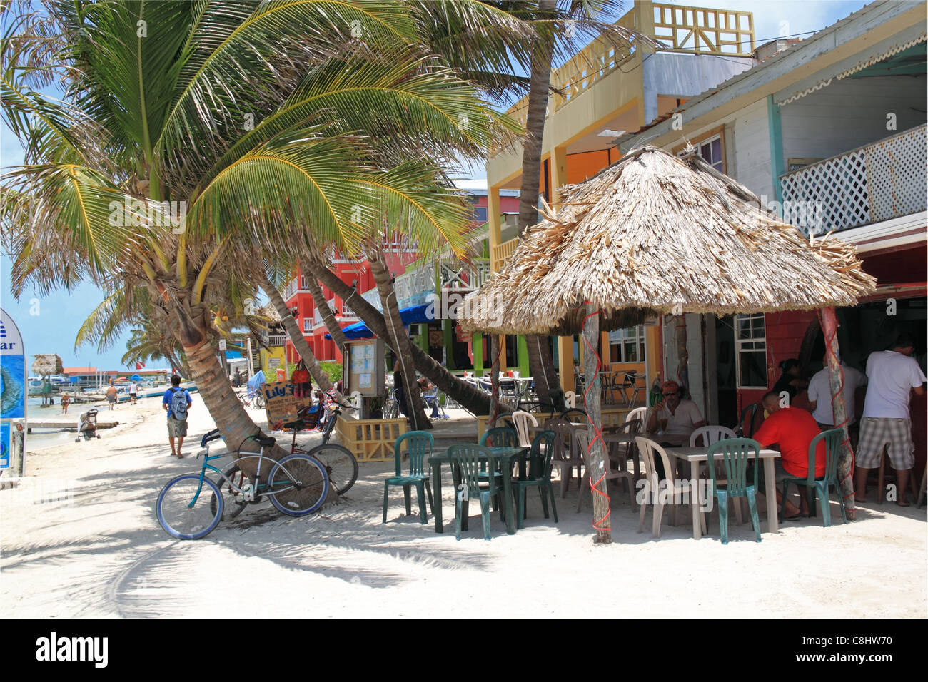 Beach front, San Pedro town centre, Ambergris Caye (aka La Isla Bonita), Barrier Reef, Belize, Caribbean, Central America Stock Photo