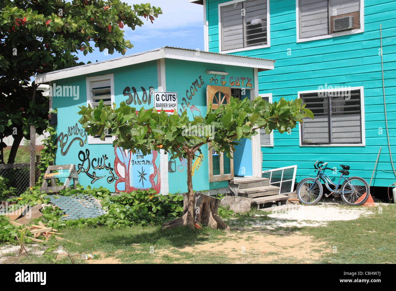 Local barbers, San Pedro, Ambergris Caye (aka La Isla Bonita), Barrier Reef, Belize, Caribbean, Central America Stock Photo