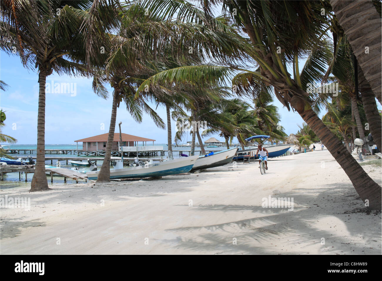 Beach Road, San Pedro town centre, Ambergris Caye (aka La Isla Bonita), Barrier Reef, Belize, Caribbean, Central America Stock Photo