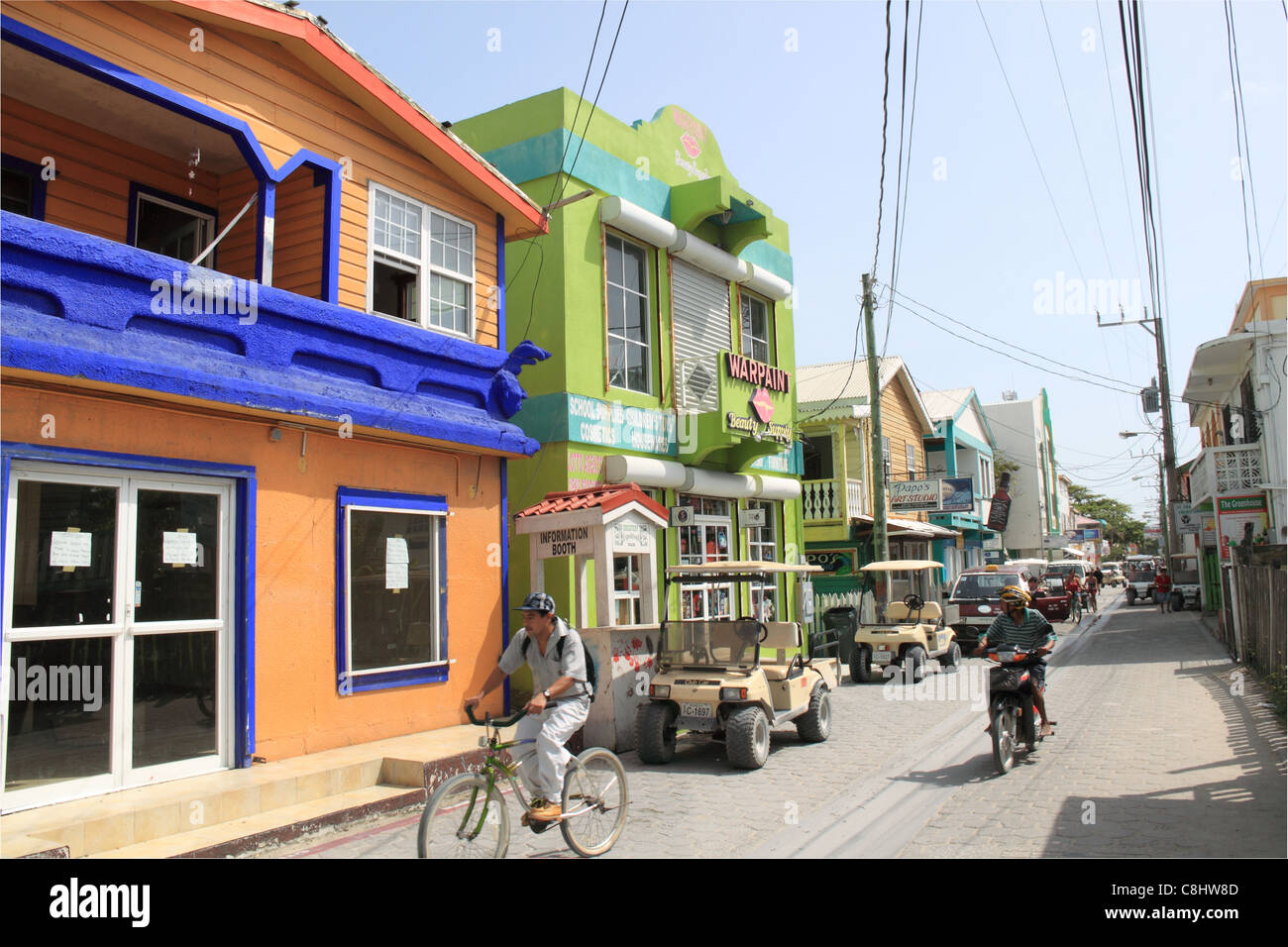 Pescador Drive, San Pedro town centre, Ambergris Caye (aka La Isla Bonita), Barrier Reef, Belize, Caribbean, Central America Stock Photo