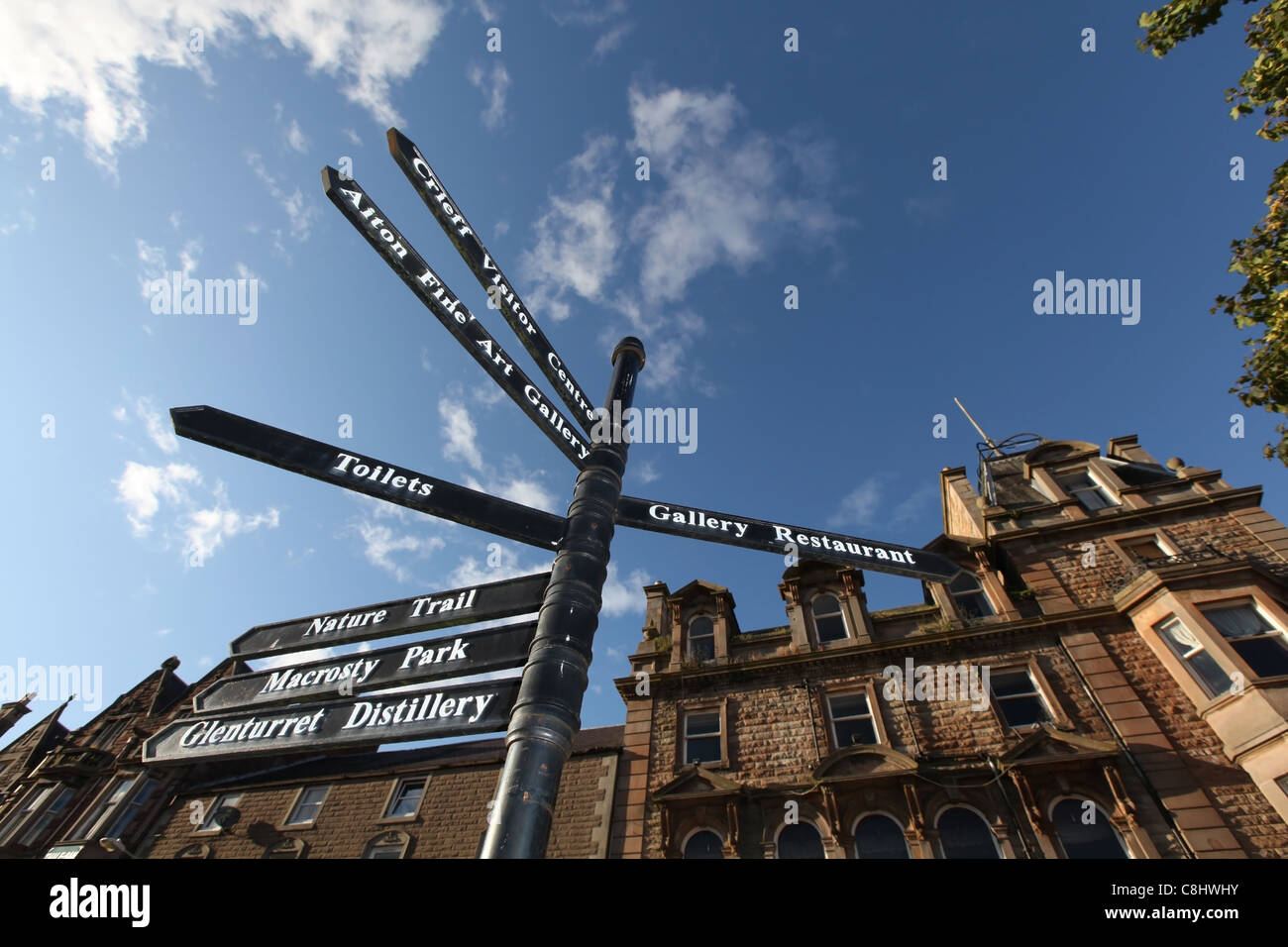 Direction signs in the town centre of Crieff in Perthshire, Scotland, UK Stock Photo