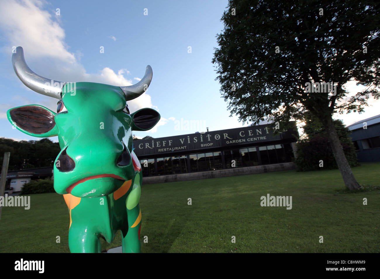 Model cow in front of Crieff visitor centre in the town of Crieff in Perthshire, Scotland, UK Stock Photo
