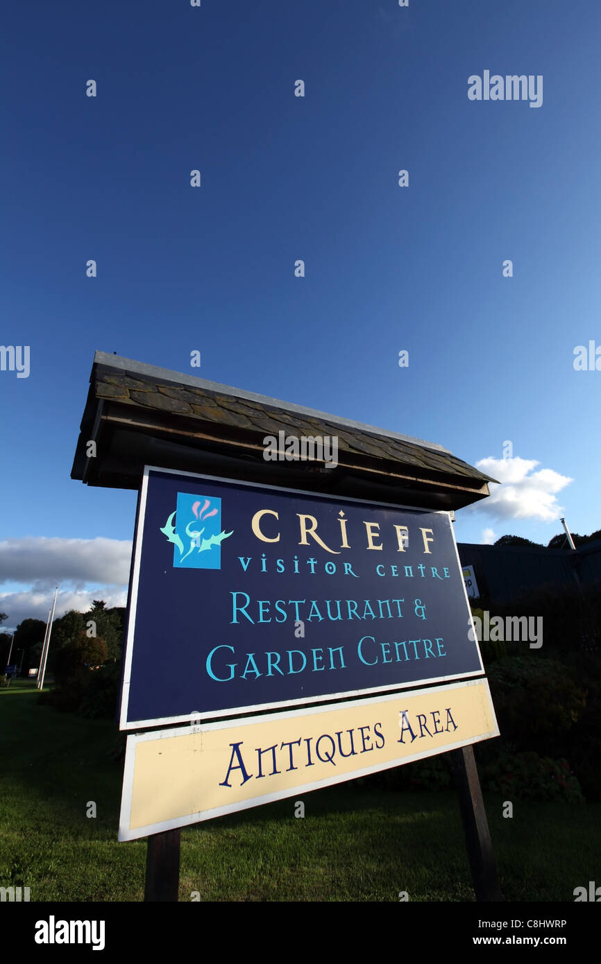 Crieff visitor centre sign in the town of Crieff in Perthshire, Scotland, UK Stock Photo