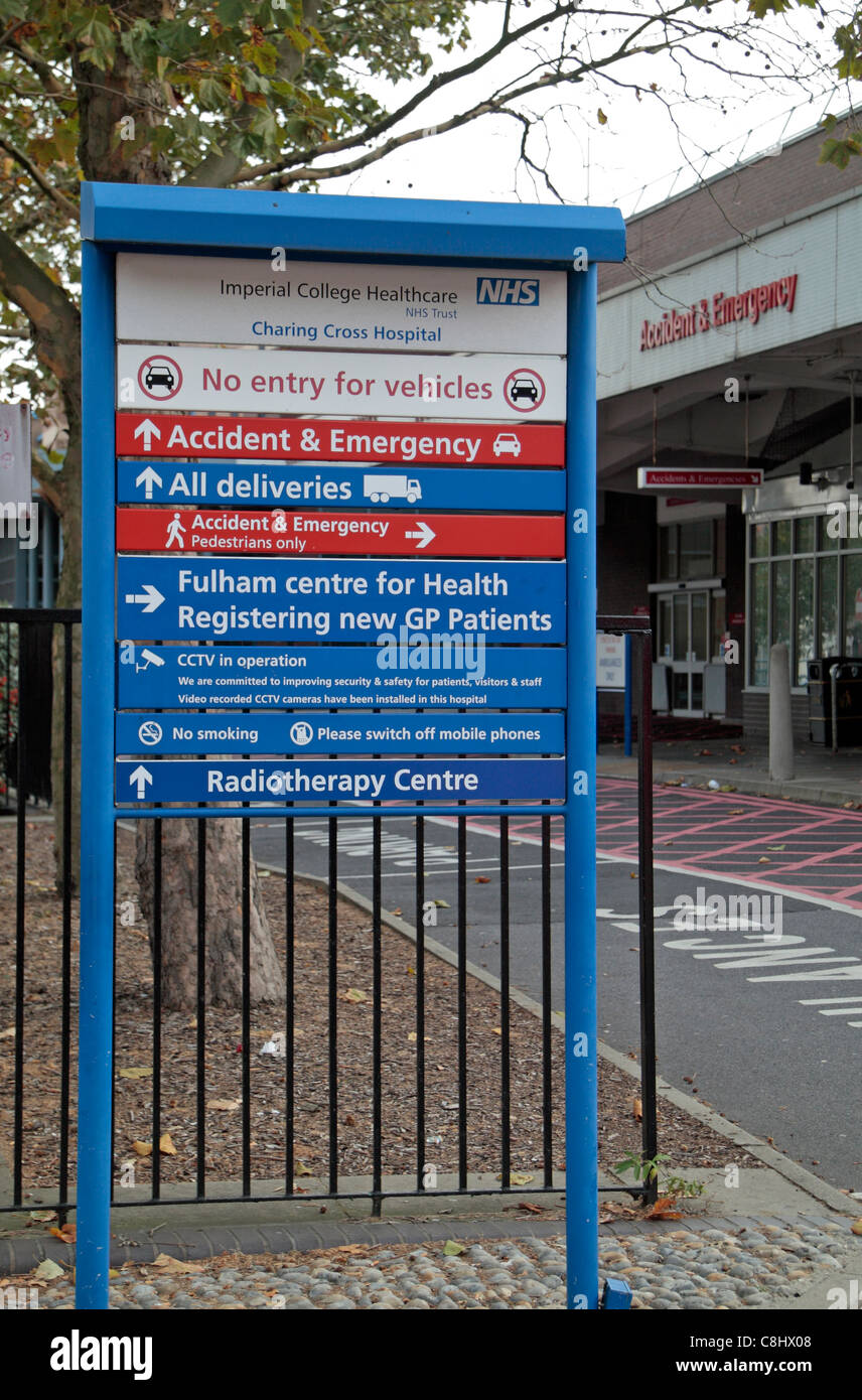 Sign outside the entrance to A&E (Accident & Emergency) Charing Cross