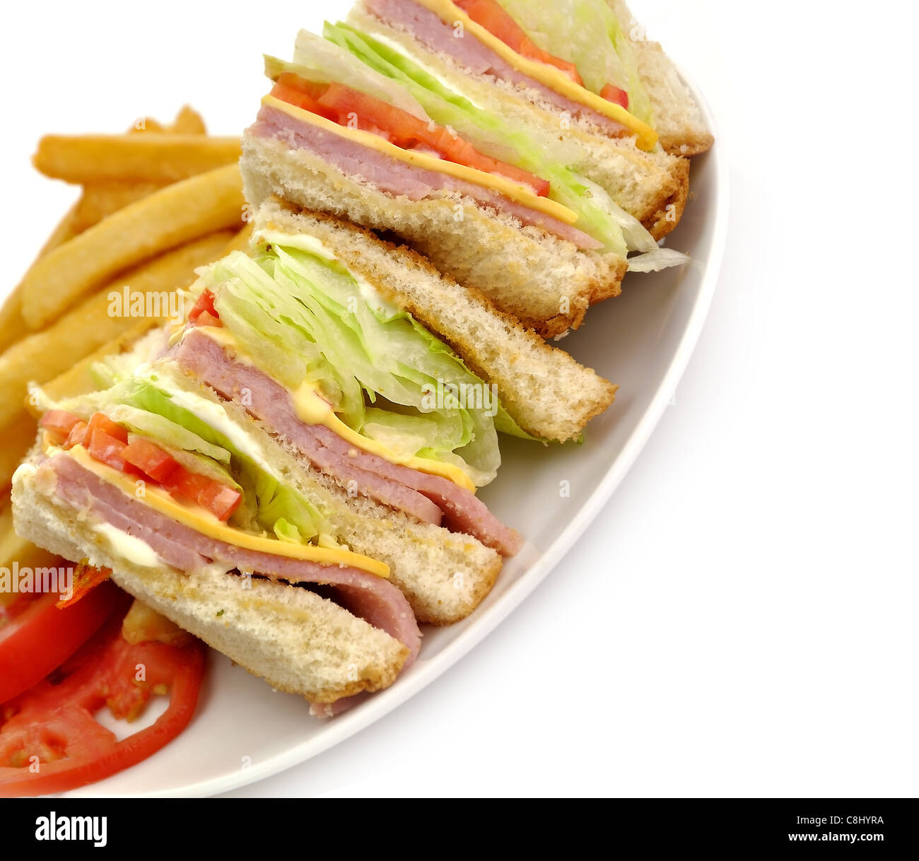 Turkey Or Ham Club Sandwich And French Fries Stock Photo Alamy