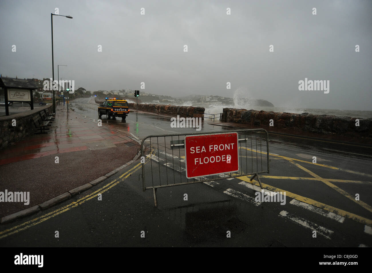 Torquay sea front is closed due to flooding caused by huge waves