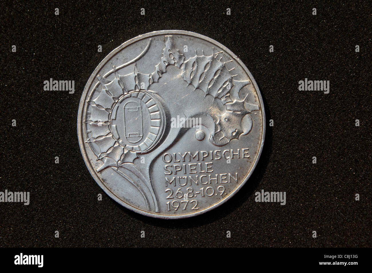 1972, olympic games, Bavaria, commemorative, silver, 10 Mark, currency, German, Mark, Munich, silver coin, West Germany Stock Photo
