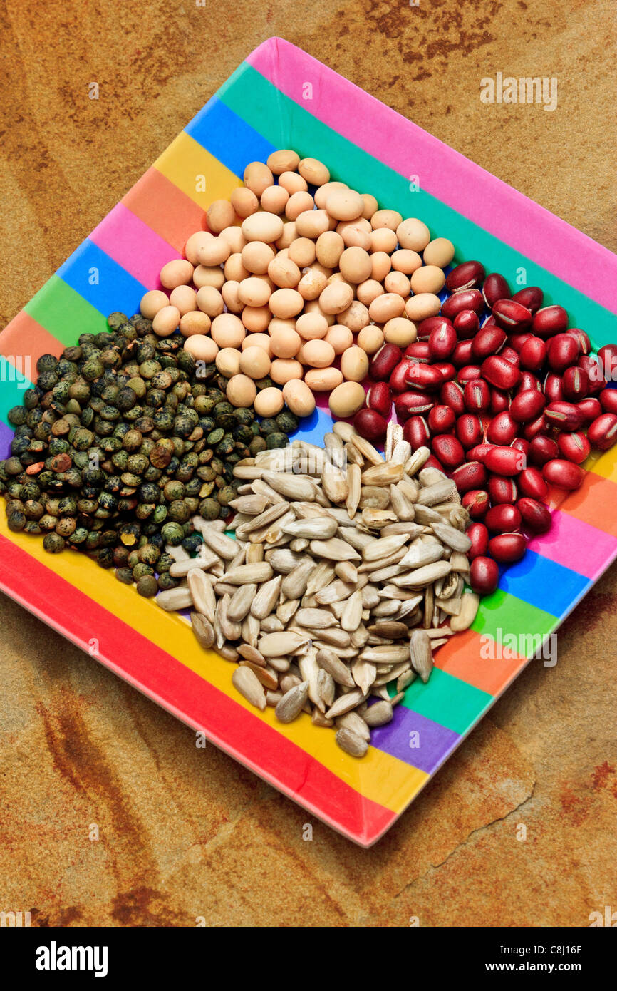 adzuki beans, dried foods, green lentils, health, healthy, legume, nutrition, oilseed, pulse, shelled, sunflower seeds, soy bean Stock Photo