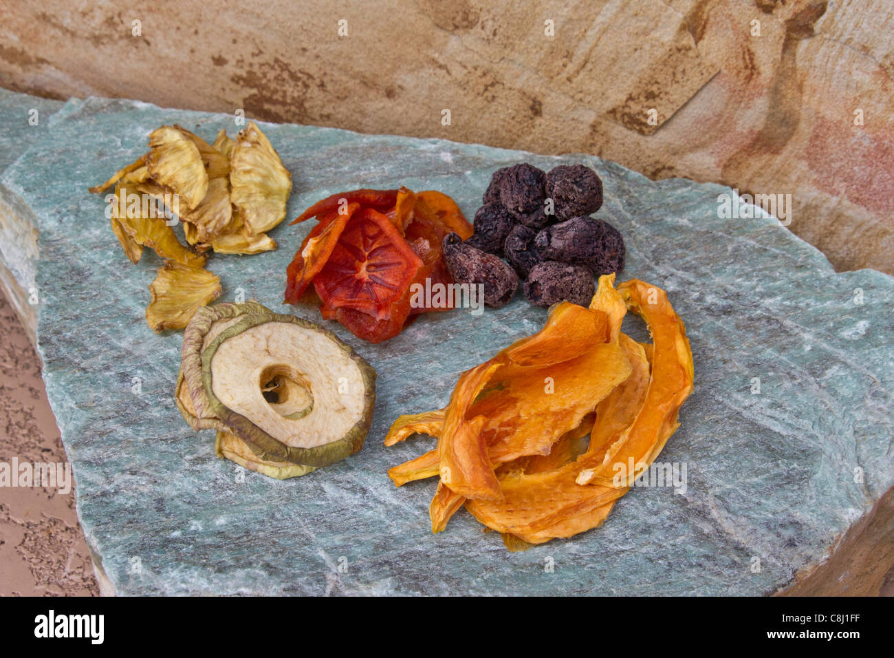 black figs, dried fruits, Ebenaceae, edible fruit, Fuyu, Granny apples, healthful living, Japanese persimmons, kaki, natural foo Stock Photo