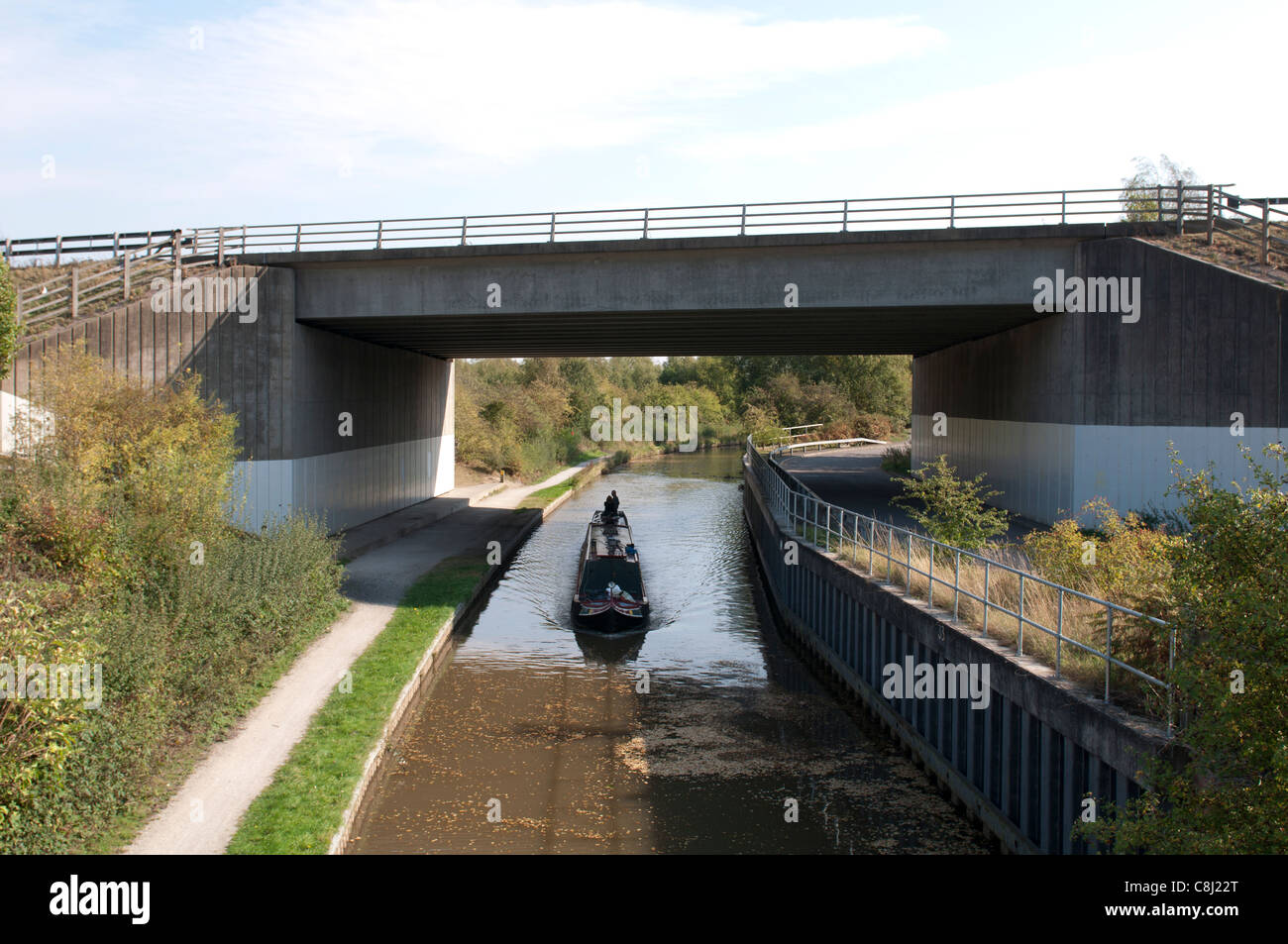Coventry Canal passing under M42 motorway, Pooley Country Park, Warwickshire, UK Stock Photo