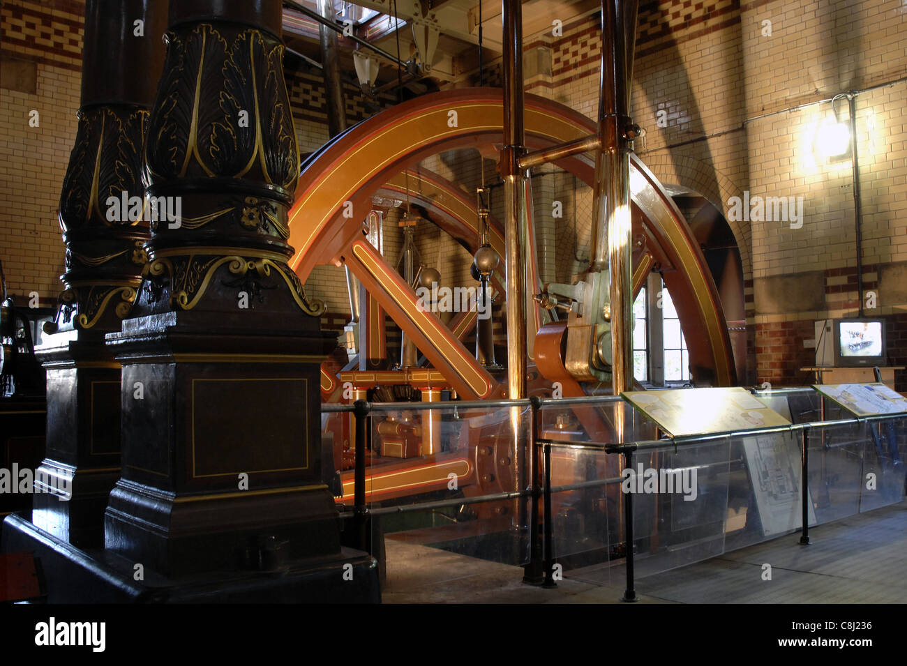 Victorian beam engines at Abbey Pumping Station in Leicester. Made by Gimpson's of Leicester in 1891, rare Woolf style engines. Stock Photo