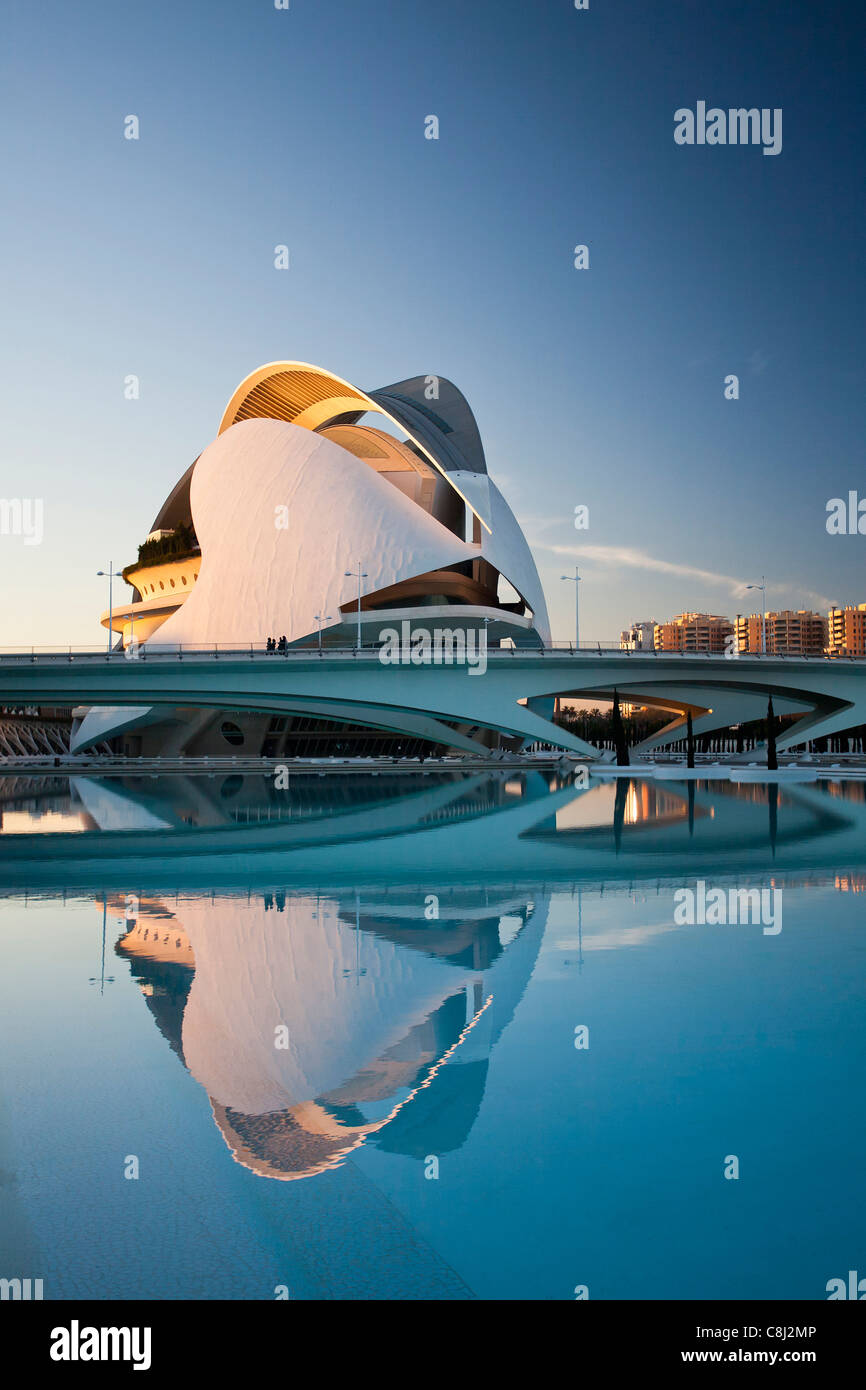 Spain, Europe, Valencia, City of Arts and Science, Calatrava, architecture, modern, Palace of Arts, water Stock Photo