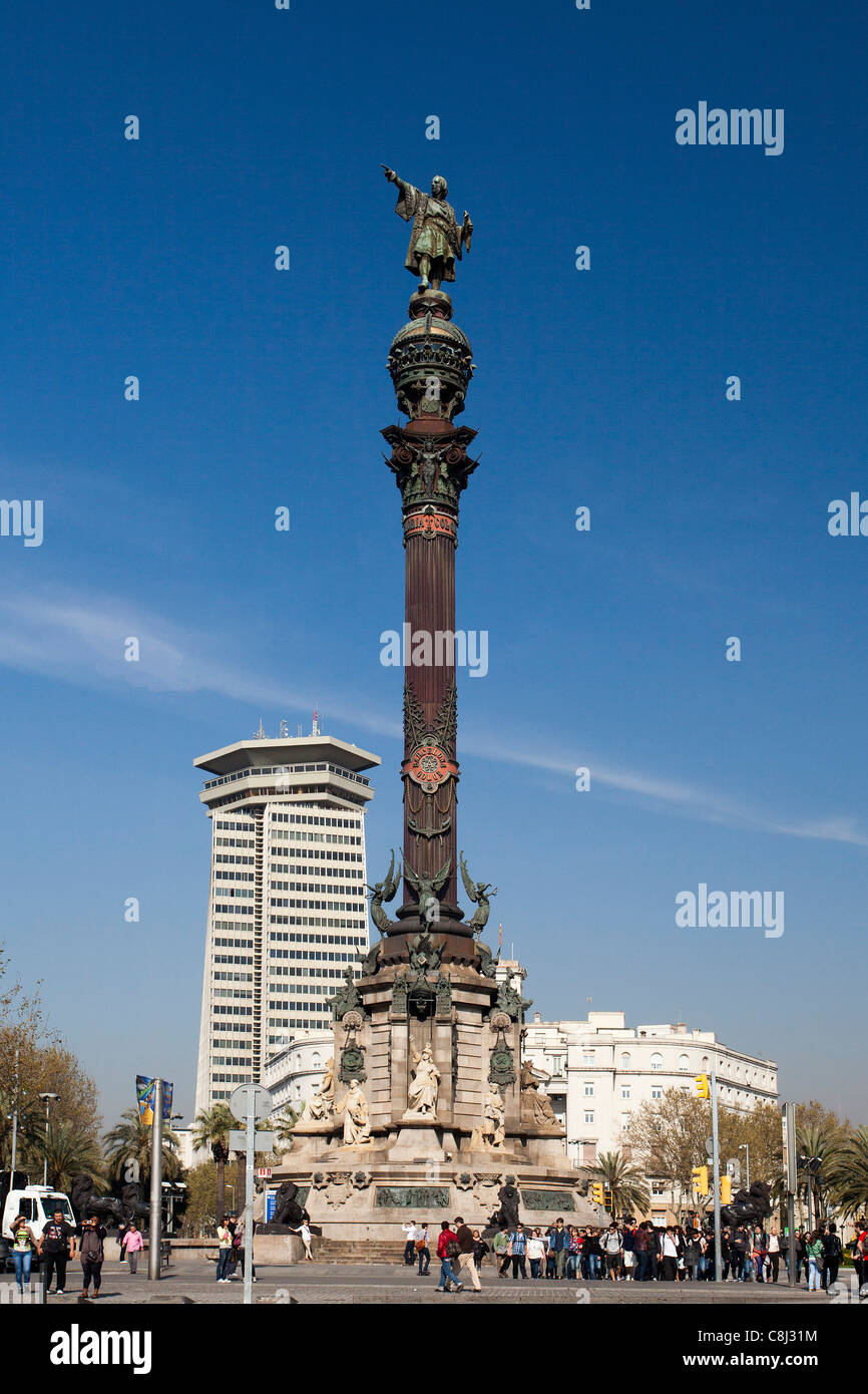 Spain, Europe, Catalunya, Barcelona, City, Columbus, Monument, Stock Photo