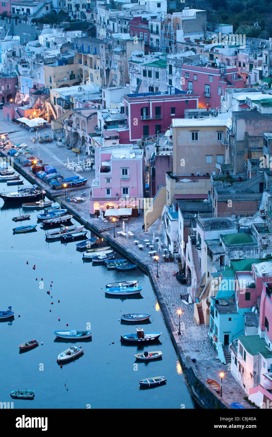 Abendstimmung, Campania, Fischereihafen, Golf von Neapel, Hafen, Insel, Italien, Kampanien, Meer, Mittelmeer, Procida, Wasser Stock Photo