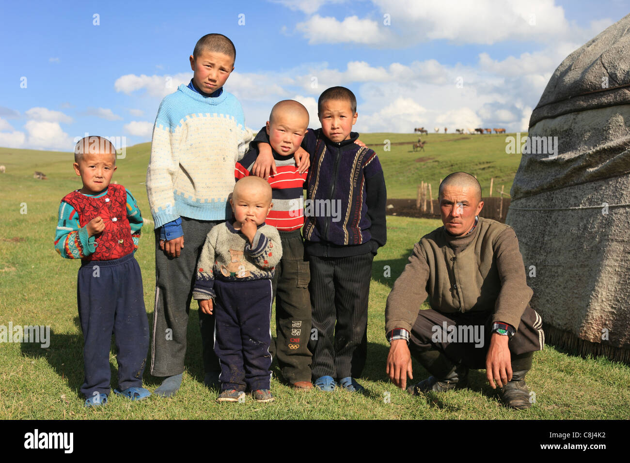 nomad, nomadic, flock, shepherd, animals, livestock, pasturage, horseman, Kyrgyzstan, Central Asia, Terskej Alatau, Tianshan, si Stock Photo