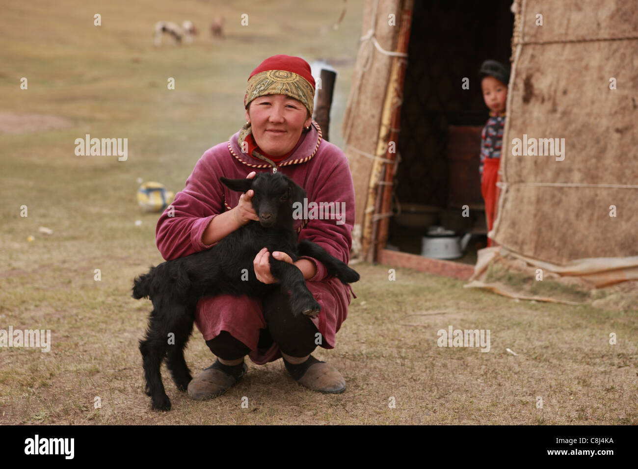 nomad, nomadic, women, family, animals, livestock, pasturage, horseman, Kyrgyzstan, Central Asia, Terskej Alatau, Tianshan, silk Stock Photo